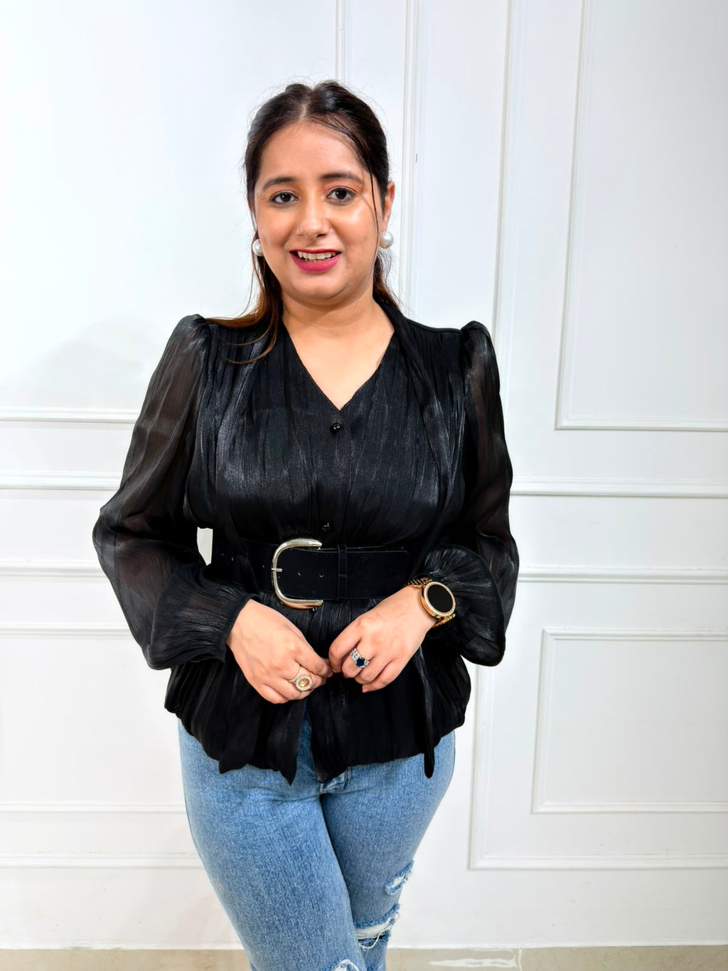 Velmora | Black Textured Shimmer Peplum Top