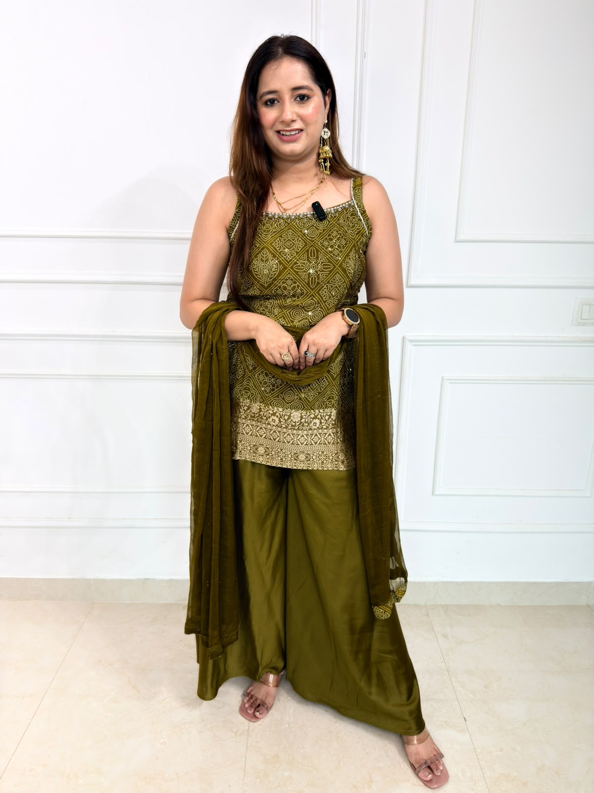 Olivara | Olive Green Printed Palazzo Suit Set with Dupatta