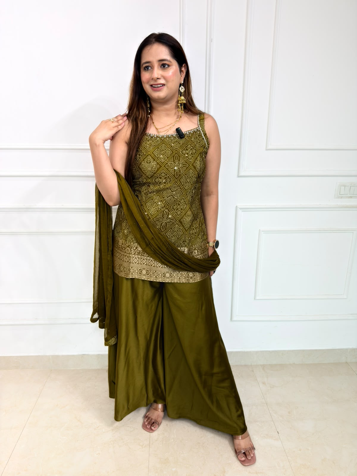 Olivara | Olive Green Printed Palazzo Suit Set with Dupatta
