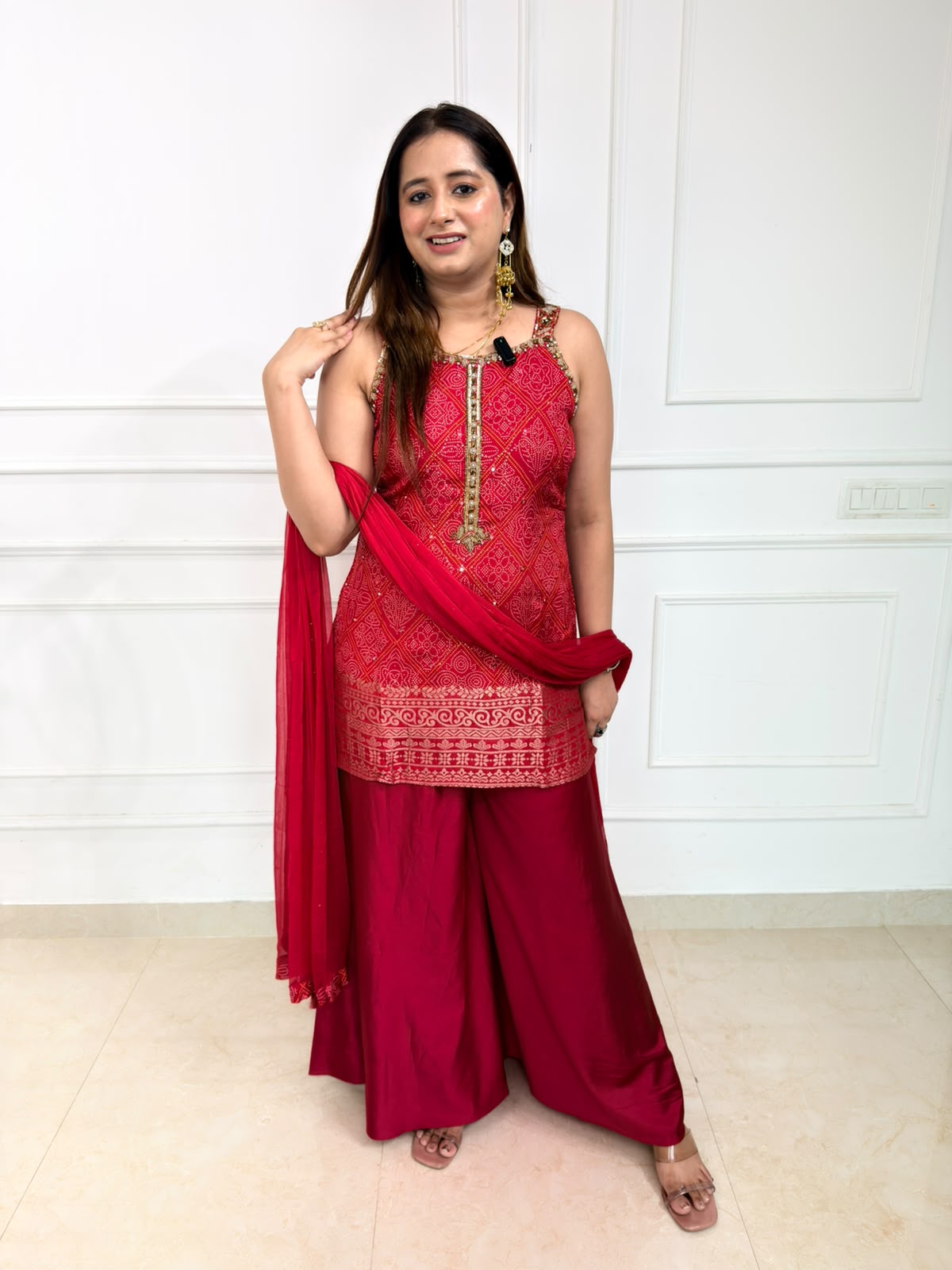 Ravisha | Rani Pink Printed Palazzo Suit Set with Dupatta