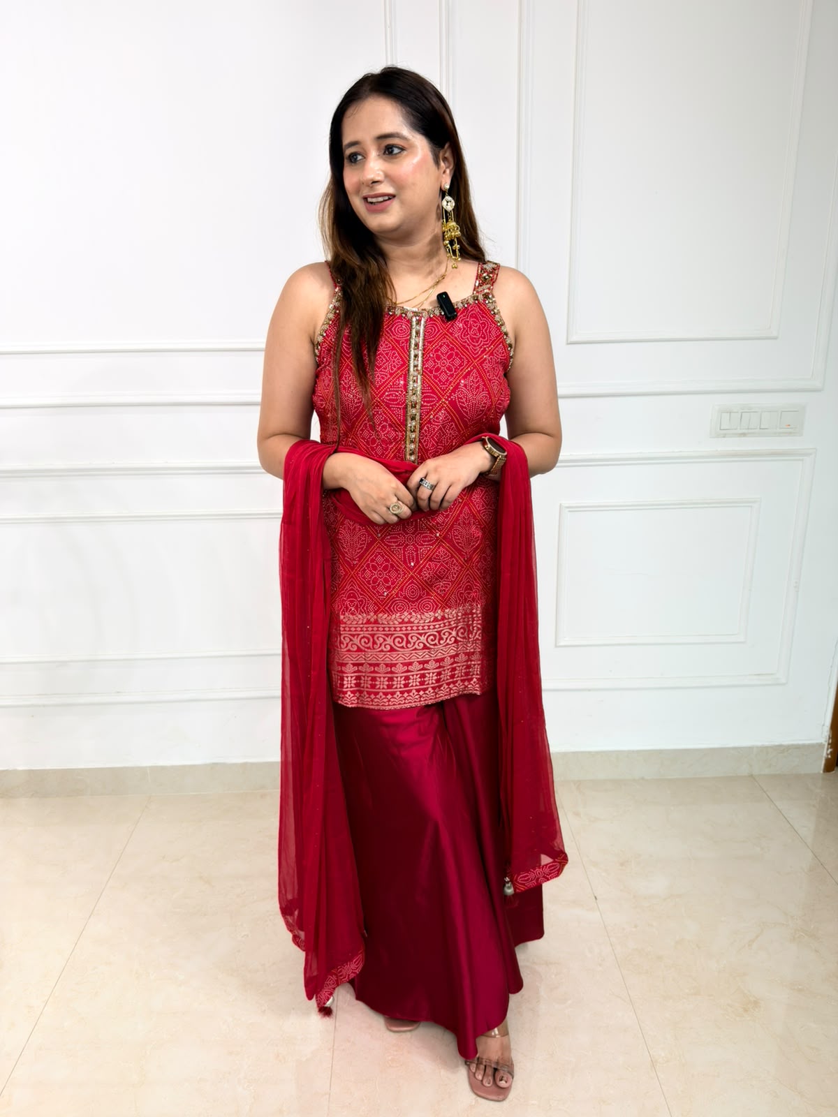 Ravisha | Rani Pink Printed Palazzo Suit Set with Dupatta