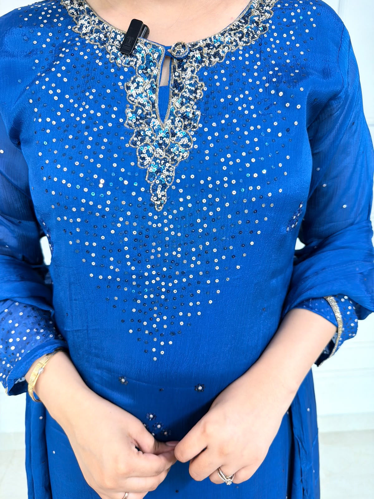 Zarevia | Royal Blue Embellished Suit Set with Sequin Work & Matching Dupatta
