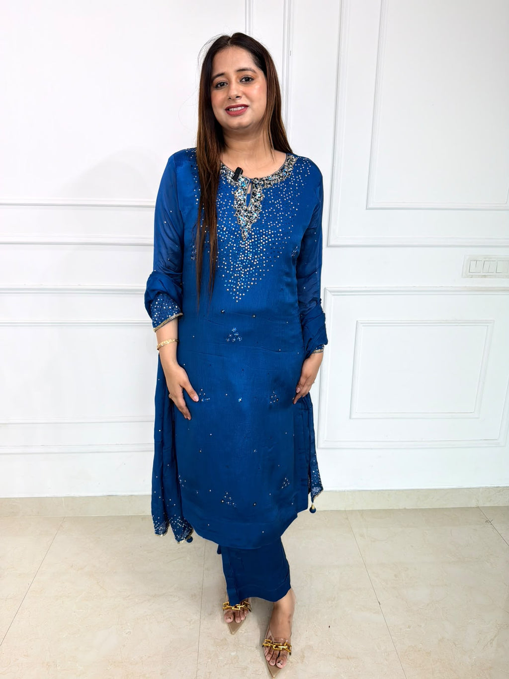 Zarevia | Royal Blue Embellished Suit Set with Sequin Work & Matching Dupatta