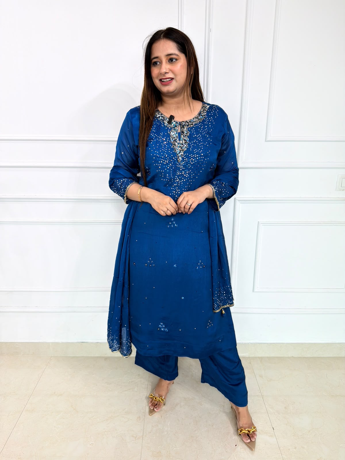 Zarevia | Royal Blue Embellished Suit Set with Sequin Work & Matching Dupatta