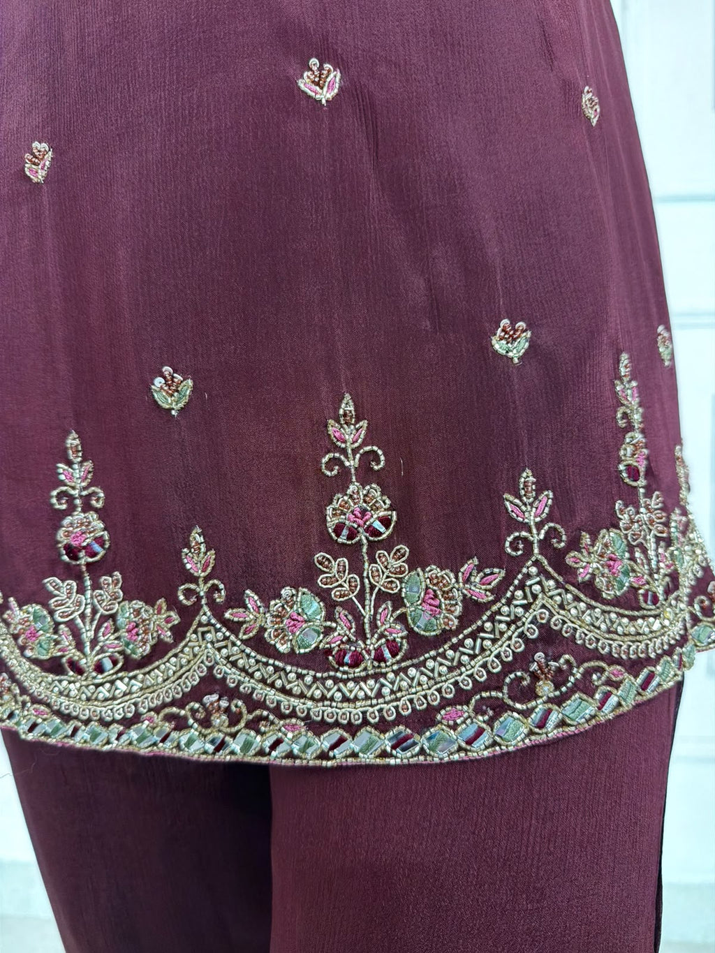 Arzella | Deep Burgundy Embroidered Suit Set with Olive Green Yoke & Dupatta
