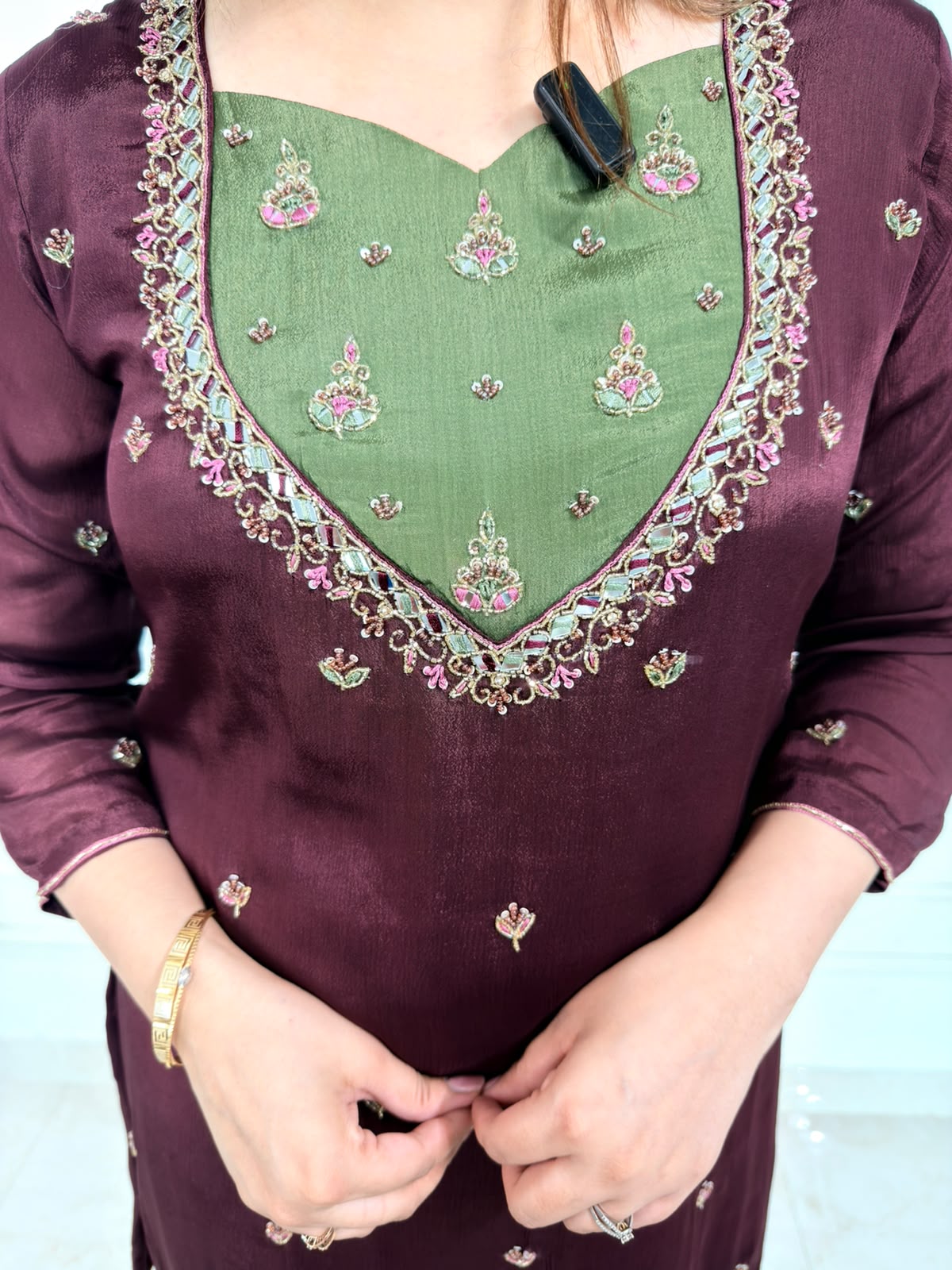 Arzella | Deep Burgundy Embroidered Suit Set with Olive Green Yoke & Dupatta