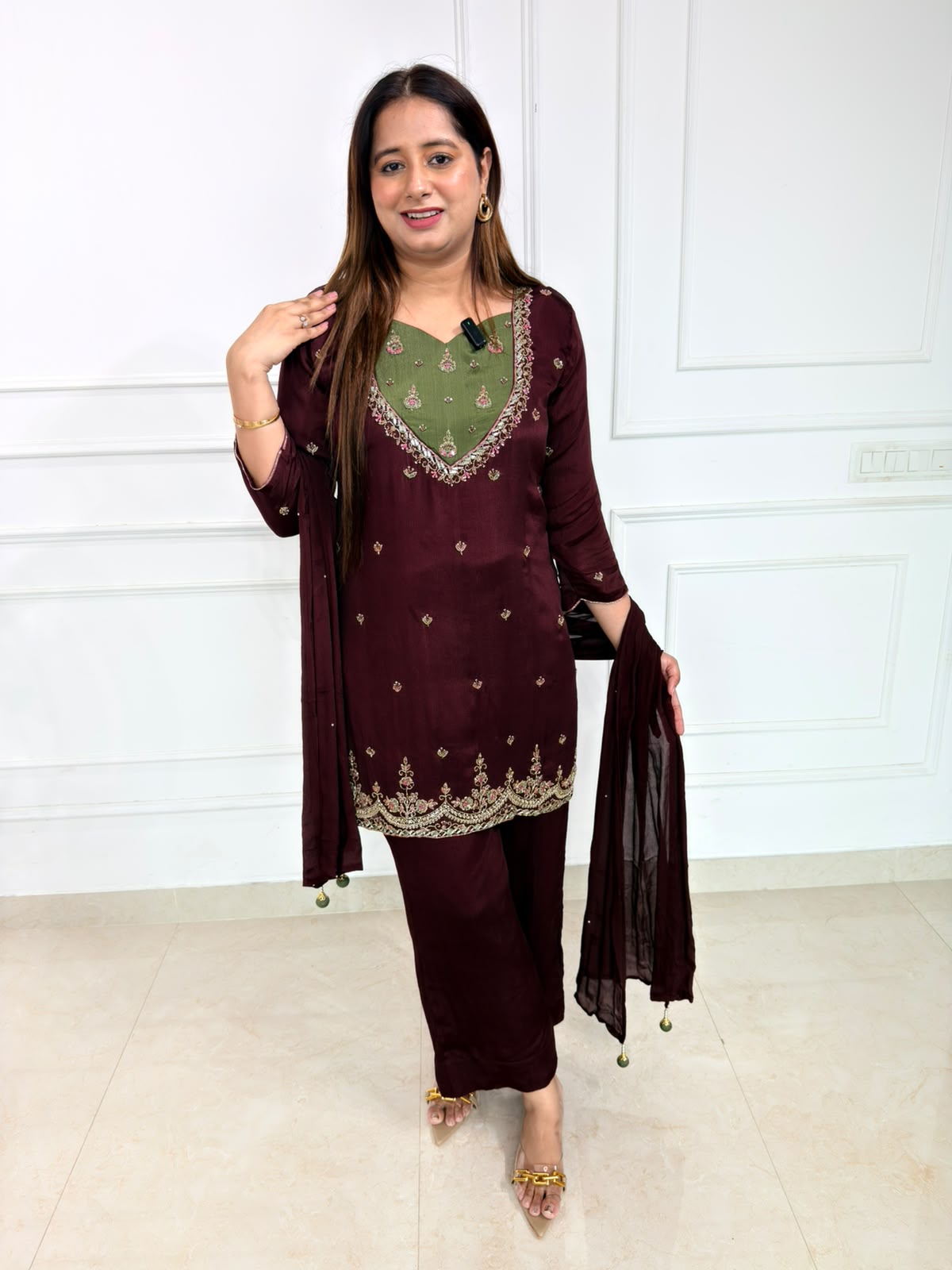 Arzella | Deep Burgundy Embroidered Suit Set with Olive Green Yoke & Dupatta