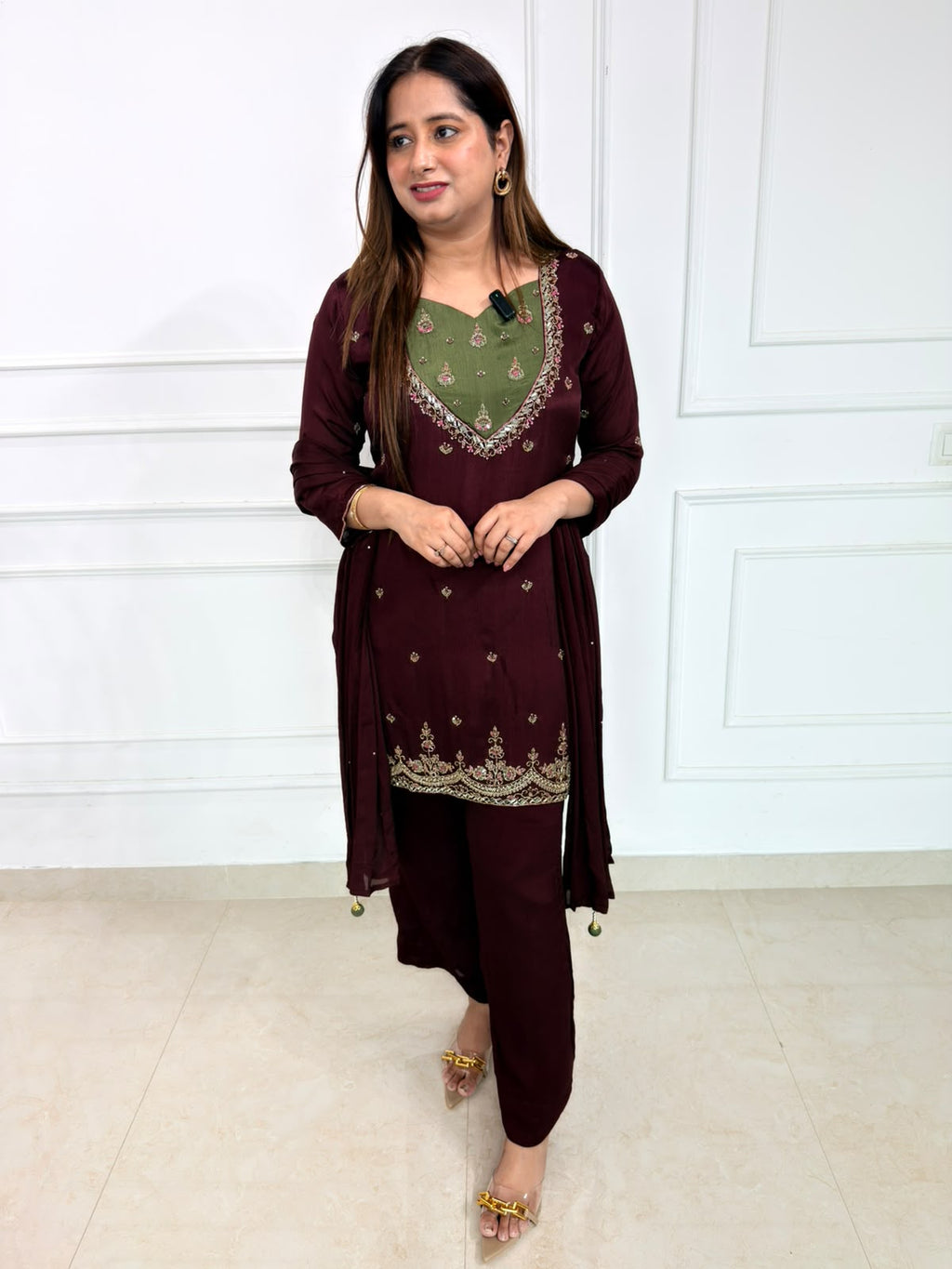 Arzella | Deep Burgundy Embroidered Suit Set with Olive Green Yoke & Dupatta