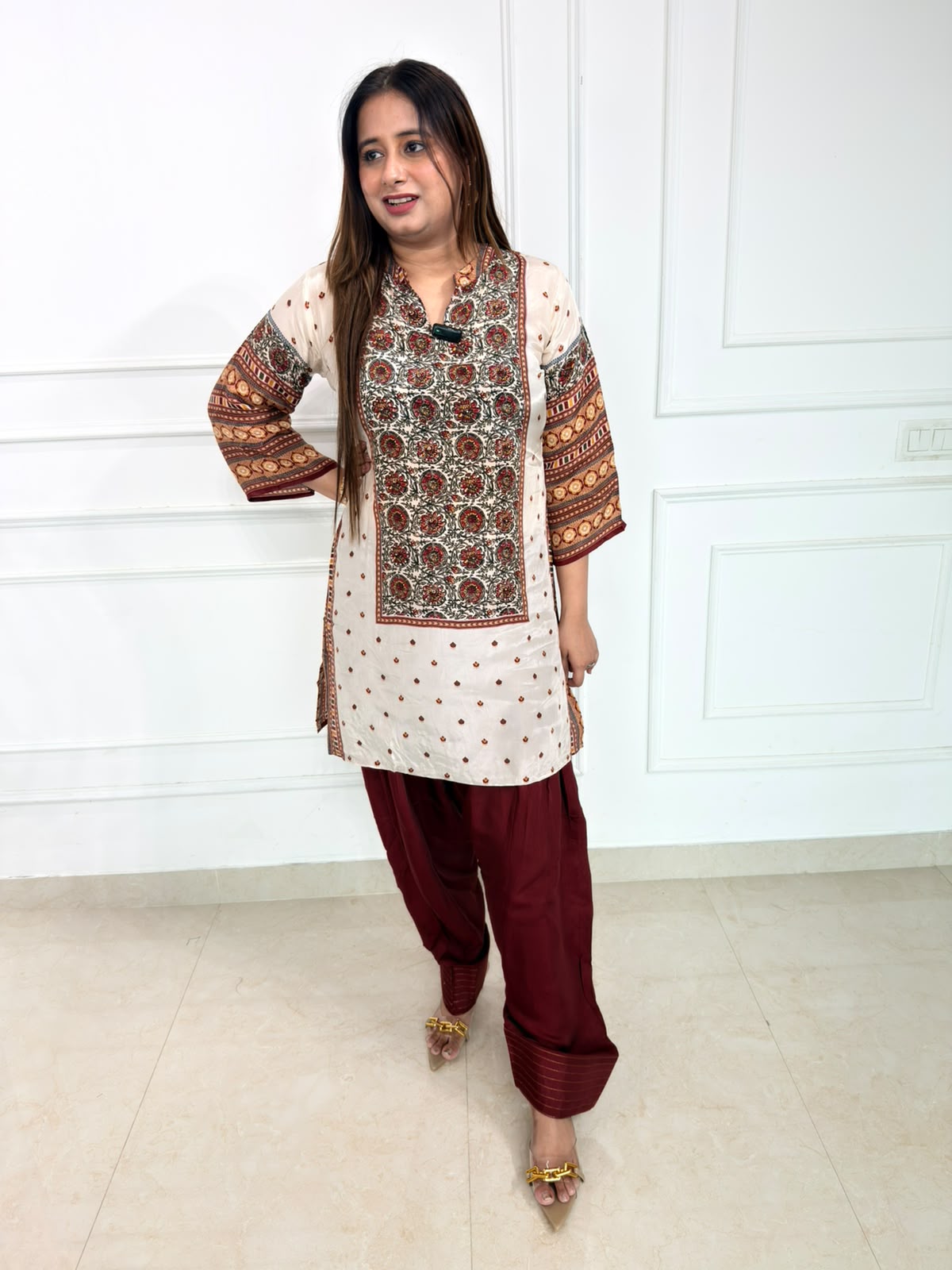Eshara | Ivory Printed Kurta with Maroon Pants & Statement Front Panel