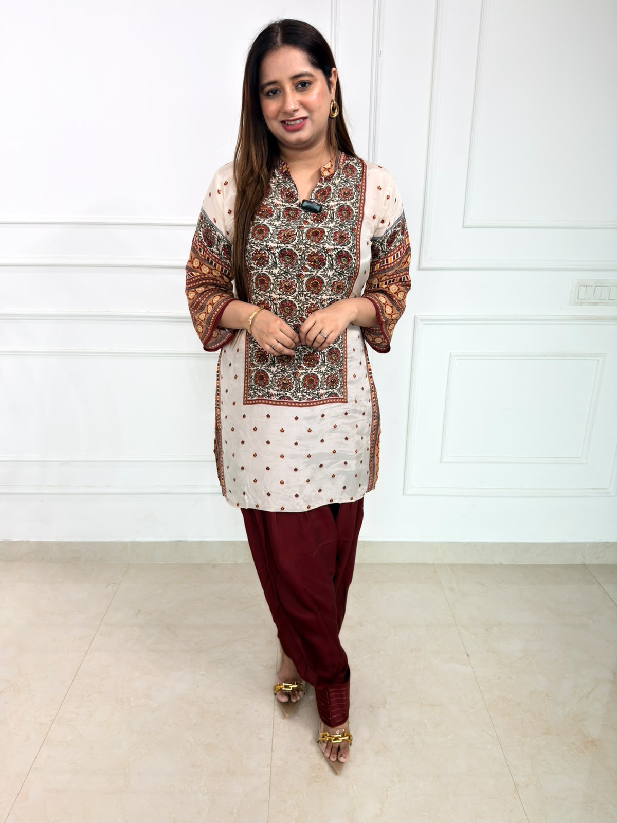 Eshara | Ivory Printed Kurta with Maroon Pants & Statement Front Panel
