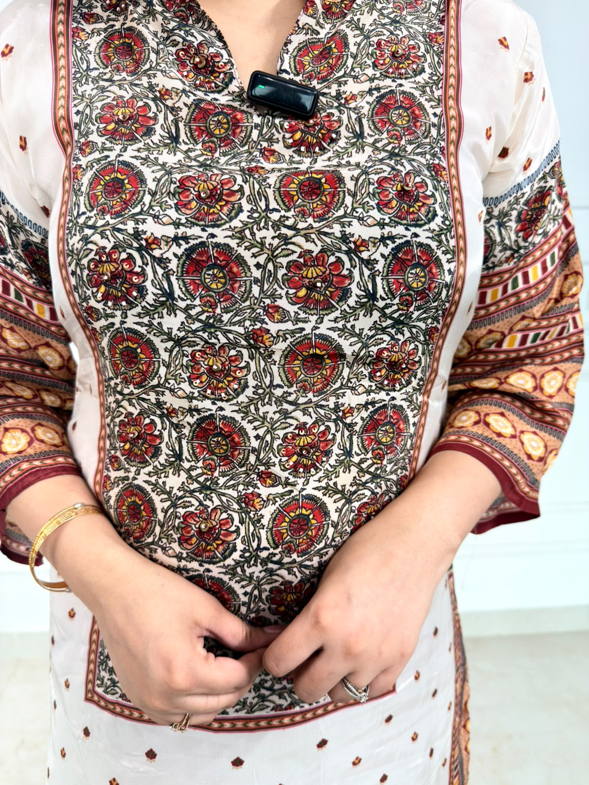 Eshara | Ivory Printed Kurta with Maroon Pants & Statement Front Panel