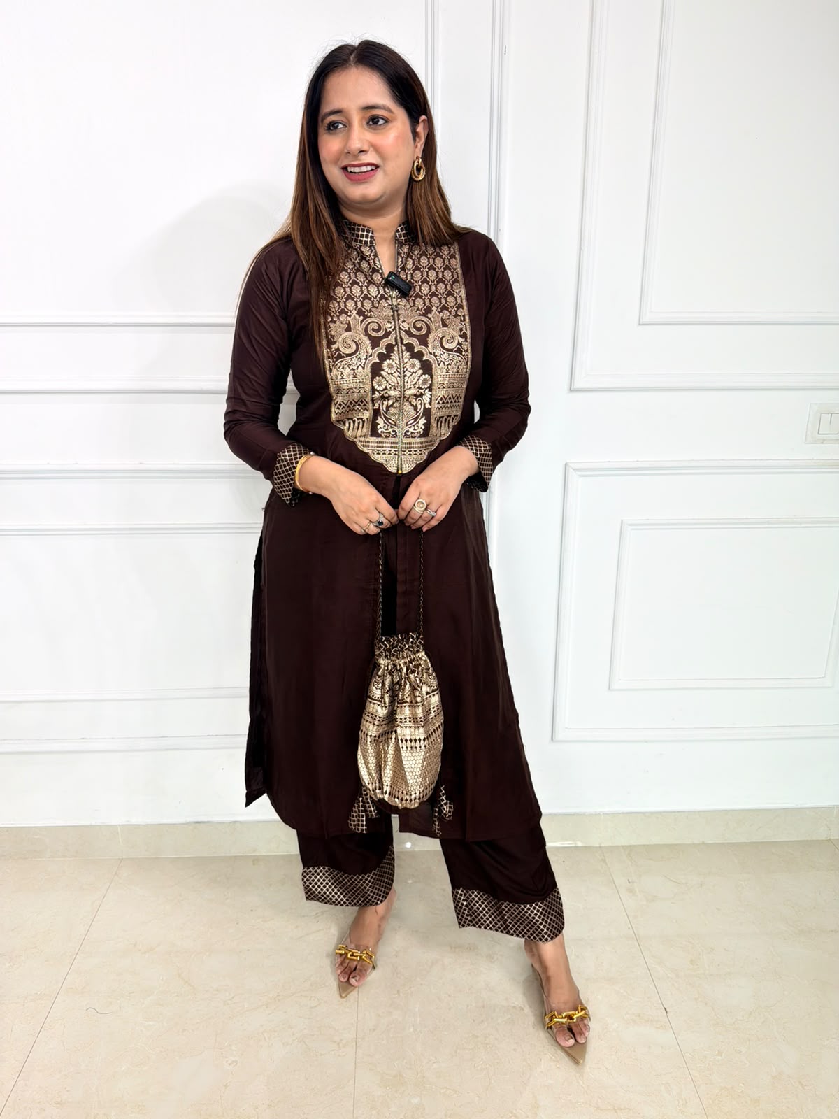 Zohara | Dark Chocolate Printed Kurta Set with Statement Front Panel
