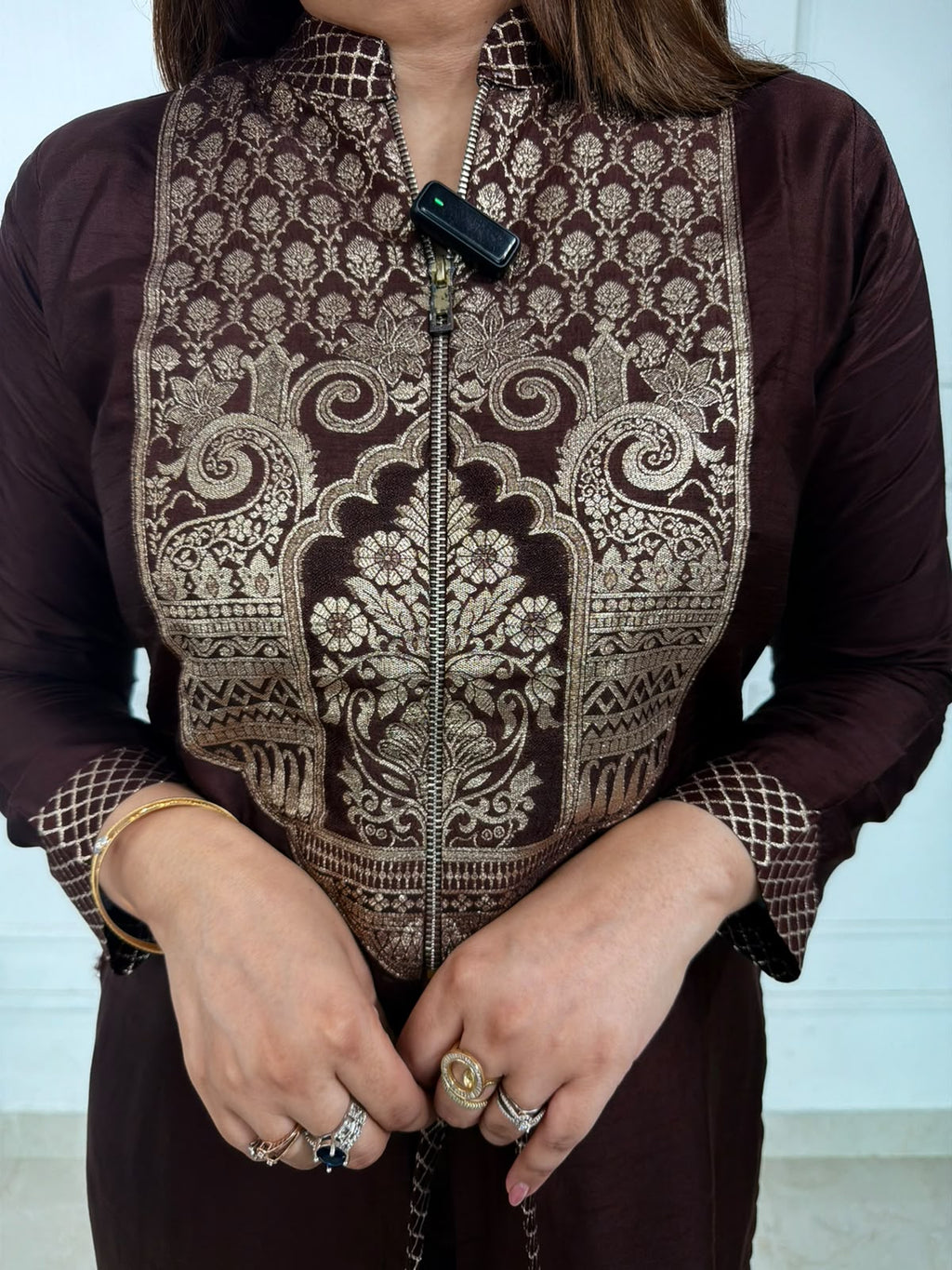 Zohara | Dark Chocolate Printed Kurta Set with Statement Front Panel