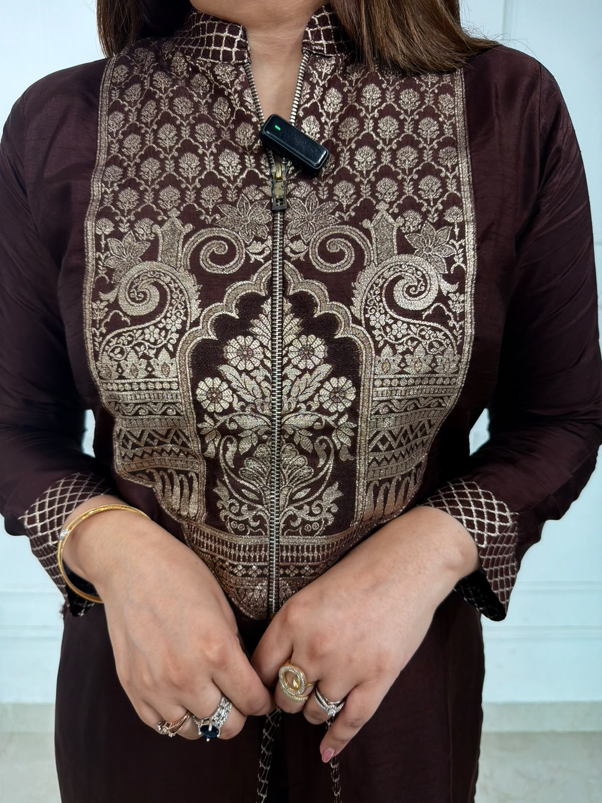 Zohara | Dark Chocolate Printed Kurta Set with Statement Front Panel