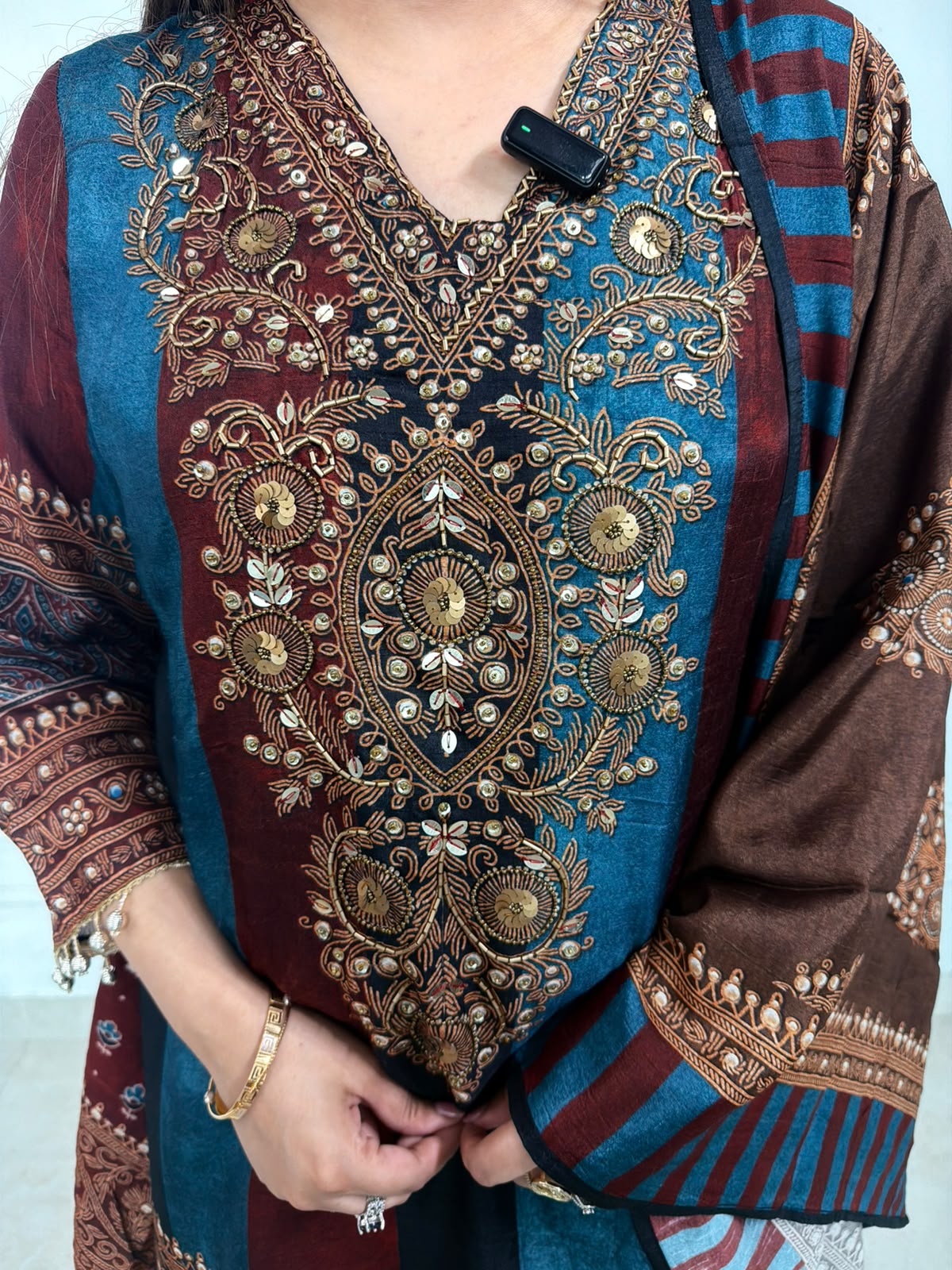 Aavira | Teal & Chocolate Embroidered Printed Suit Set with Statement Dupatta