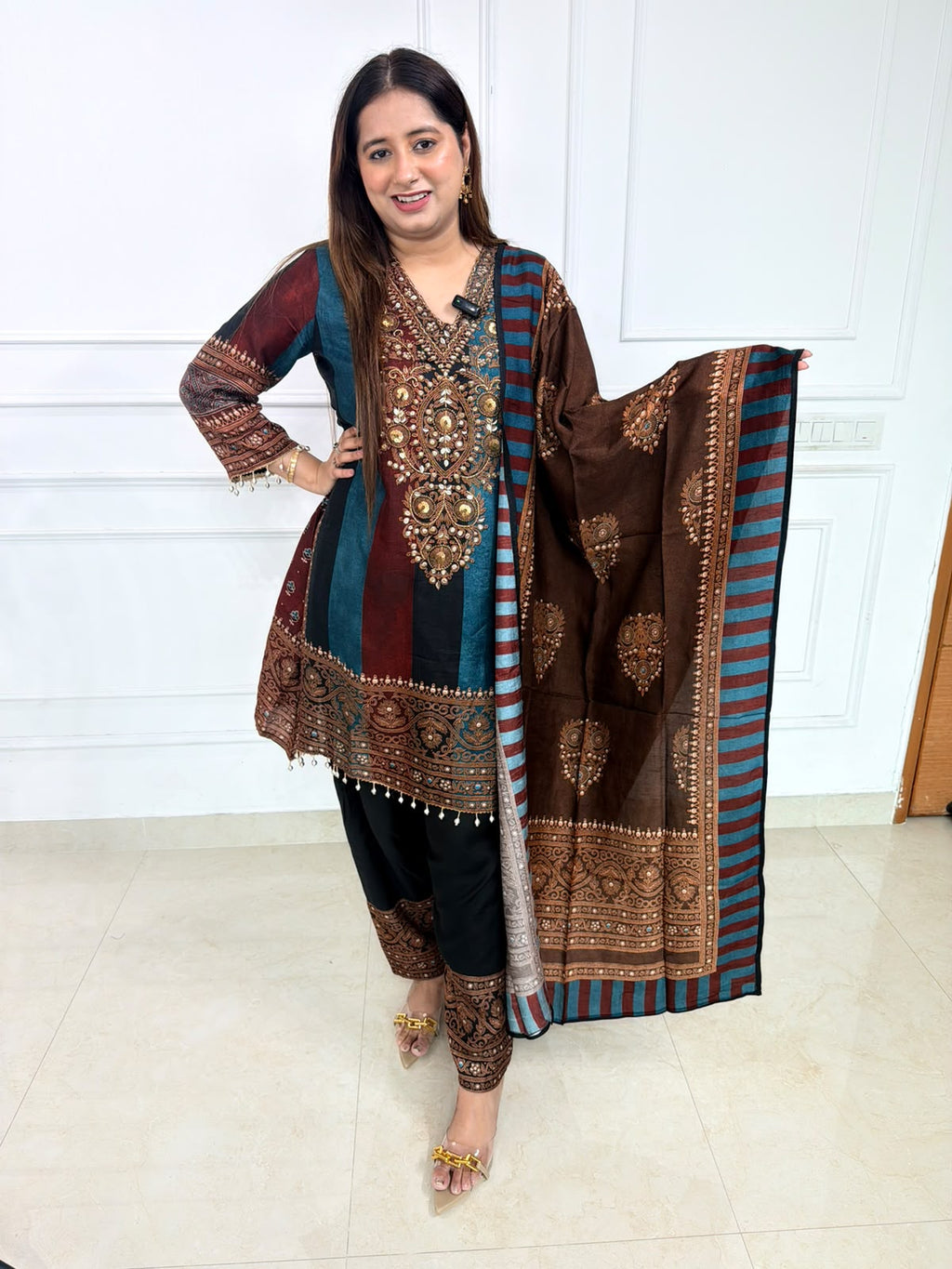 Aavira | Teal & Chocolate Embroidered Printed Suit Set with Statement Dupatta