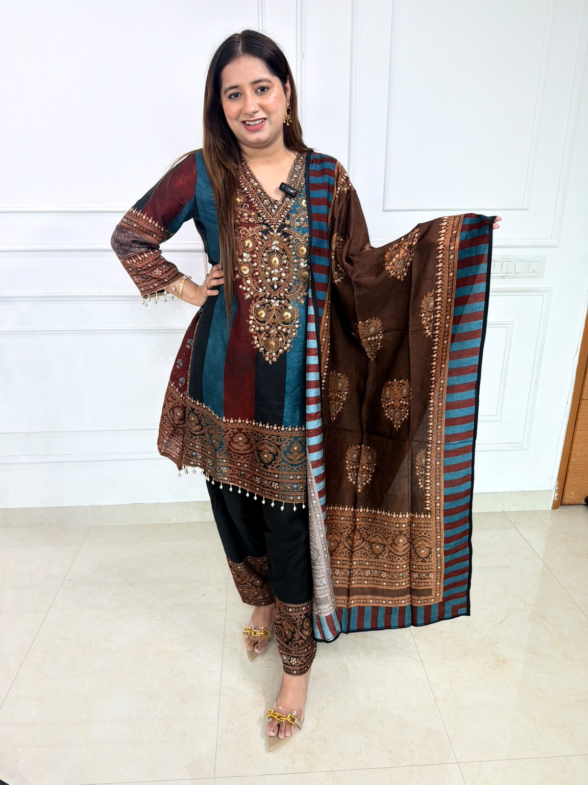 Aavira | Teal & Chocolate Embroidered Printed Suit Set with Statement Dupatta