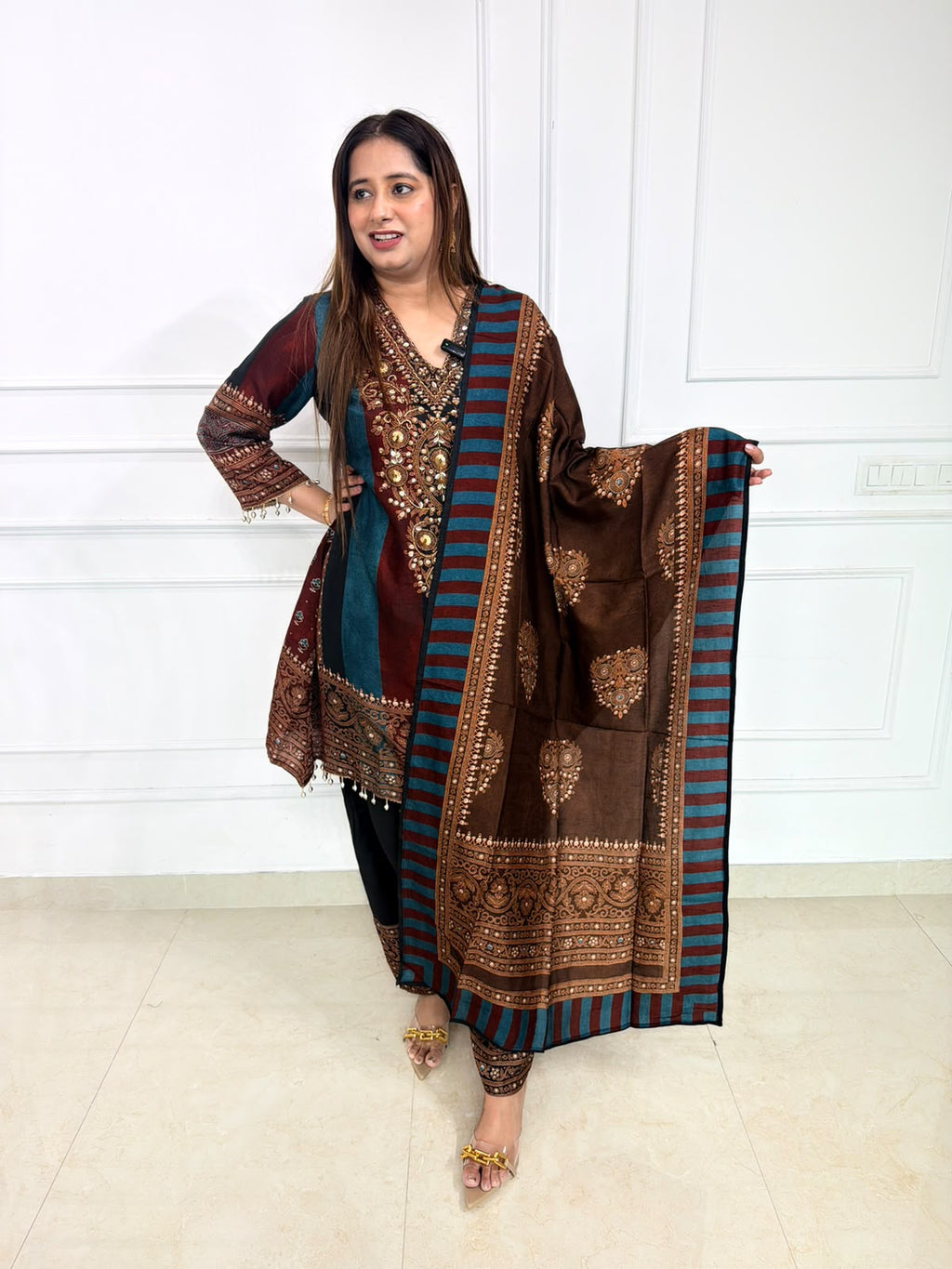 Aavira | Teal & Chocolate Embroidered Printed Suit Set with Statement Dupatta