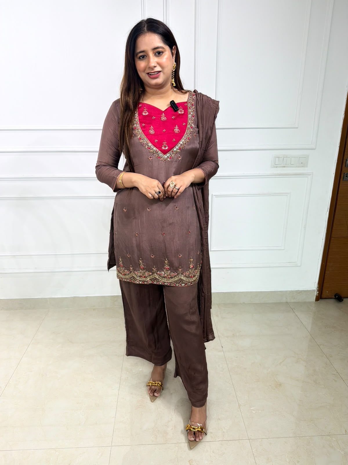 Mahira | Mocha Brown Embroidered Suit Set with Pink Yoke & Dupatta