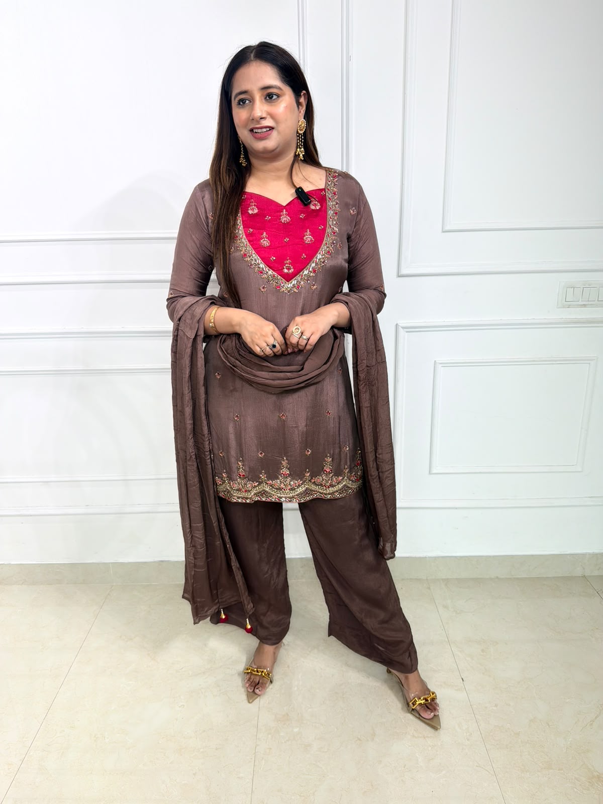 Mahira | Mocha Brown Embroidered Suit Set with Pink Yoke & Dupatta