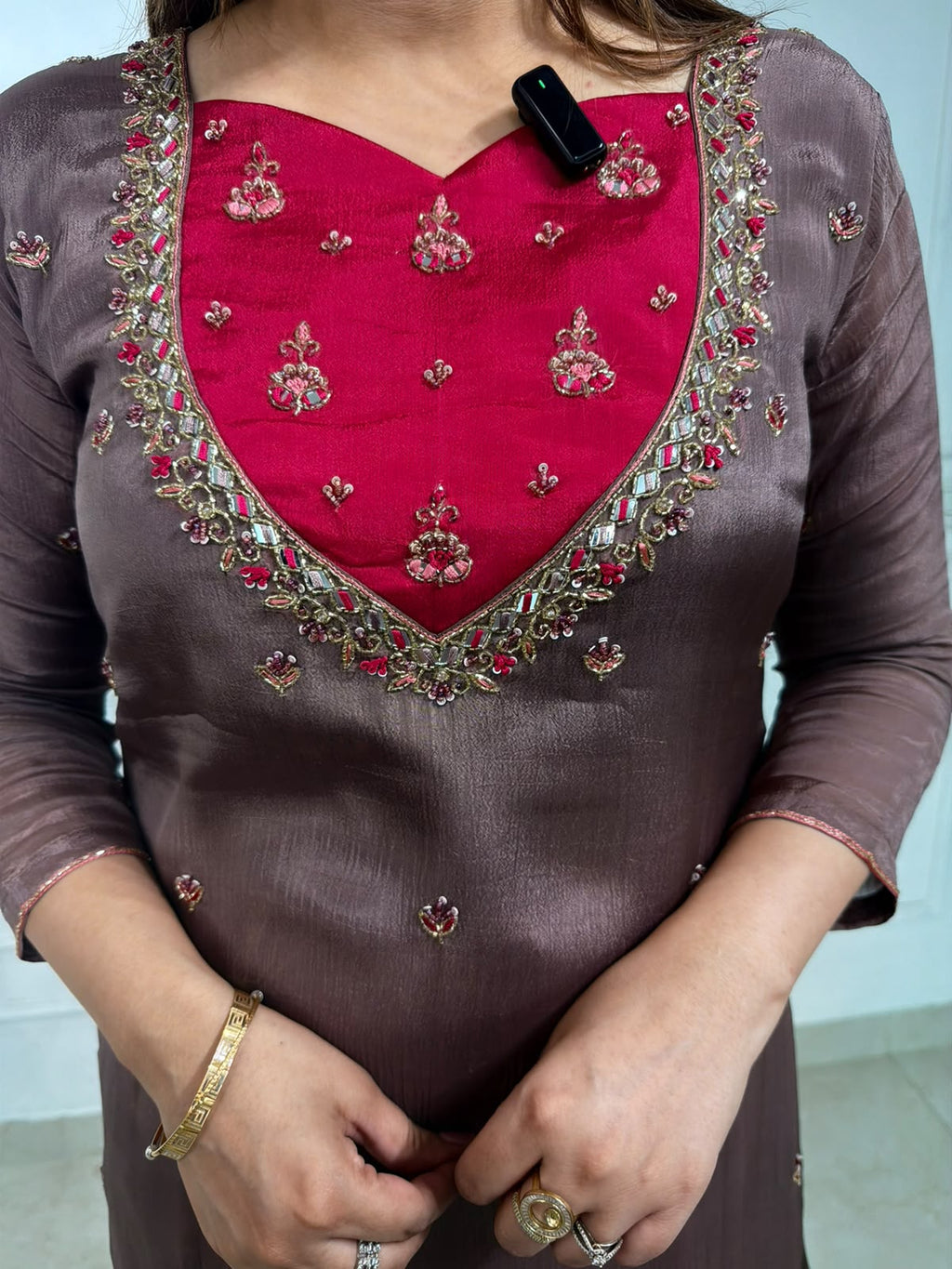 Mahira | Mocha Brown Embroidered Suit Set with Pink Yoke & Dupatta