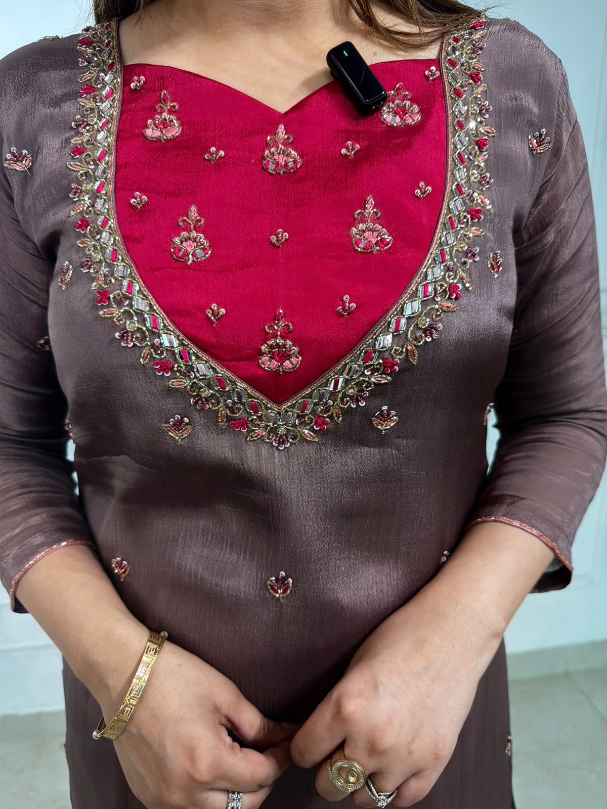 Mahira | Mocha Brown Embroidered Suit Set with Pink Yoke & Dupatta