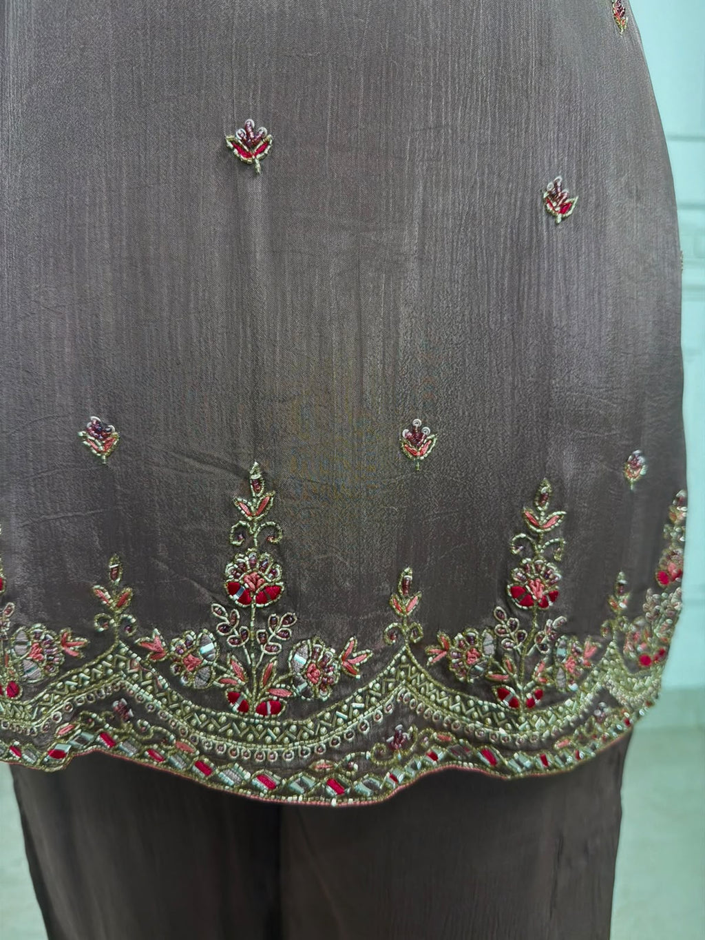 Mahira | Mocha Brown Embroidered Suit Set with Pink Yoke & Dupatta