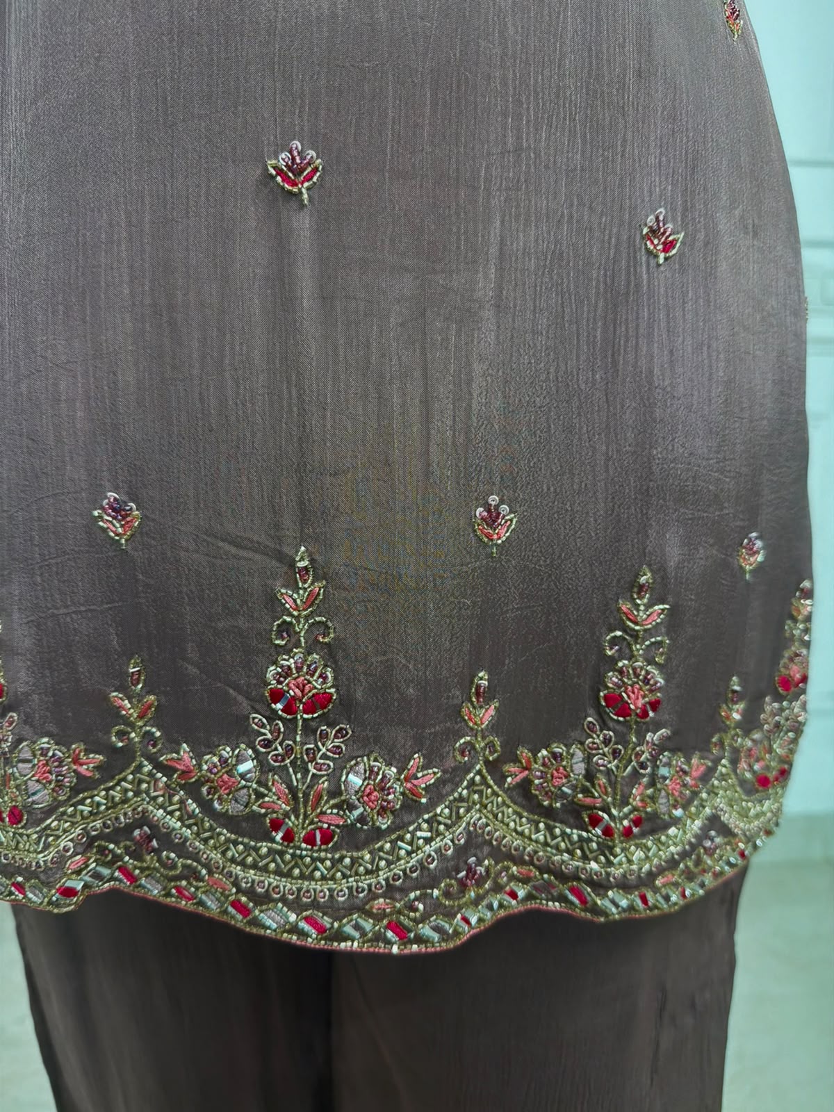 Mahira | Mocha Brown Embroidered Suit Set with Pink Yoke & Dupatta