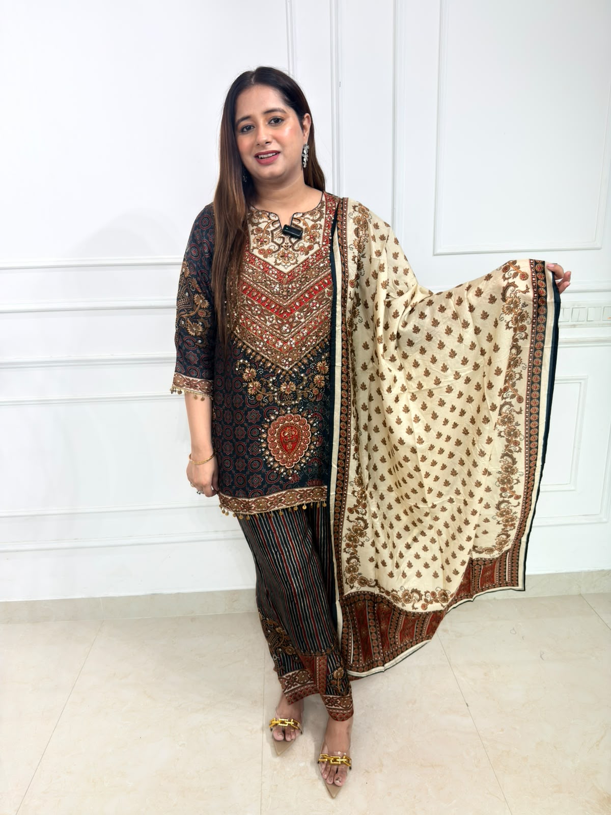 Rivaara | Navy Printed Suit Set with Embroidered Yoke & Beige Printed Dupatta