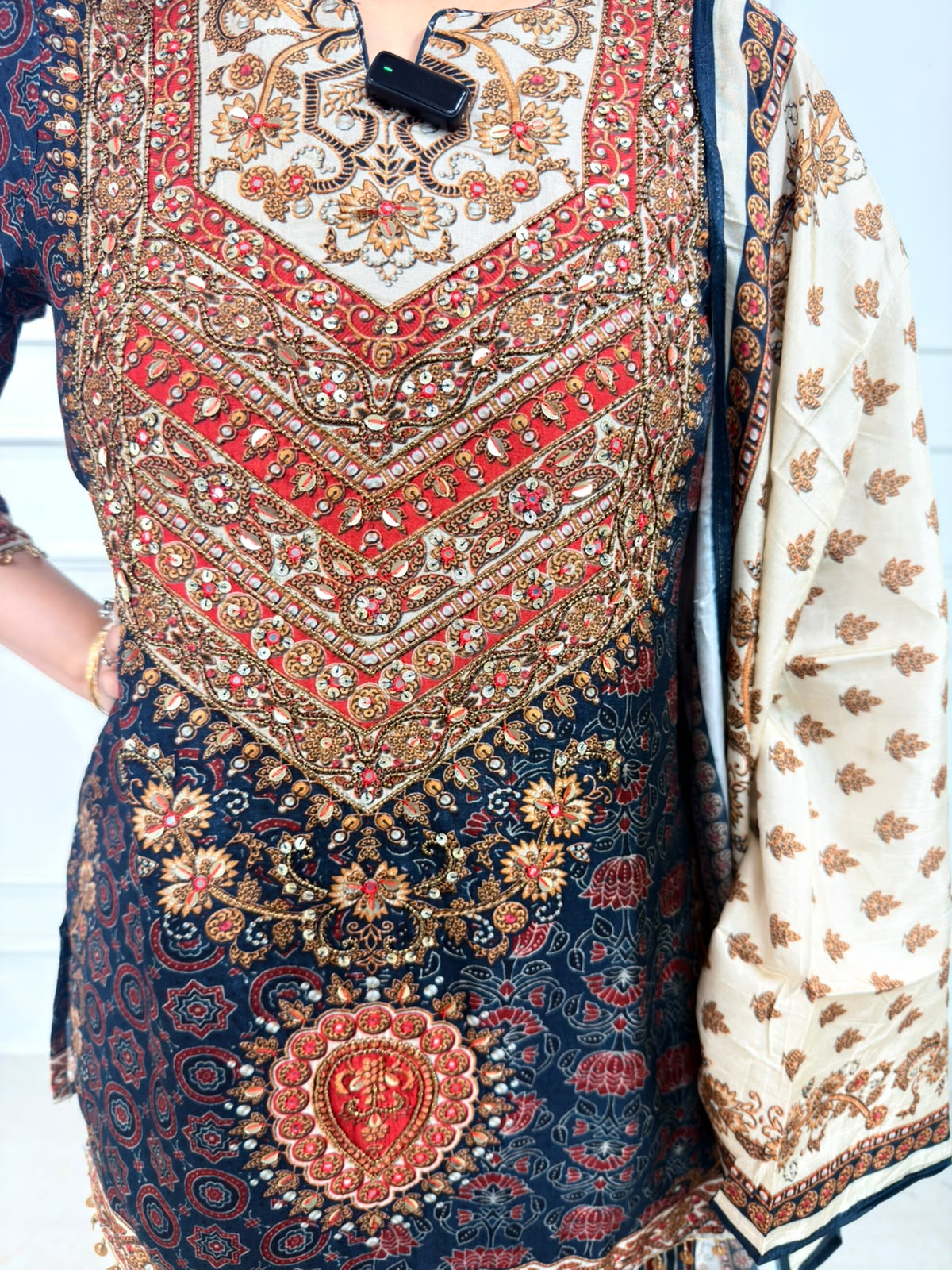 Rivaara | Navy Printed Suit Set with Embroidered Yoke & Beige Printed Dupatta