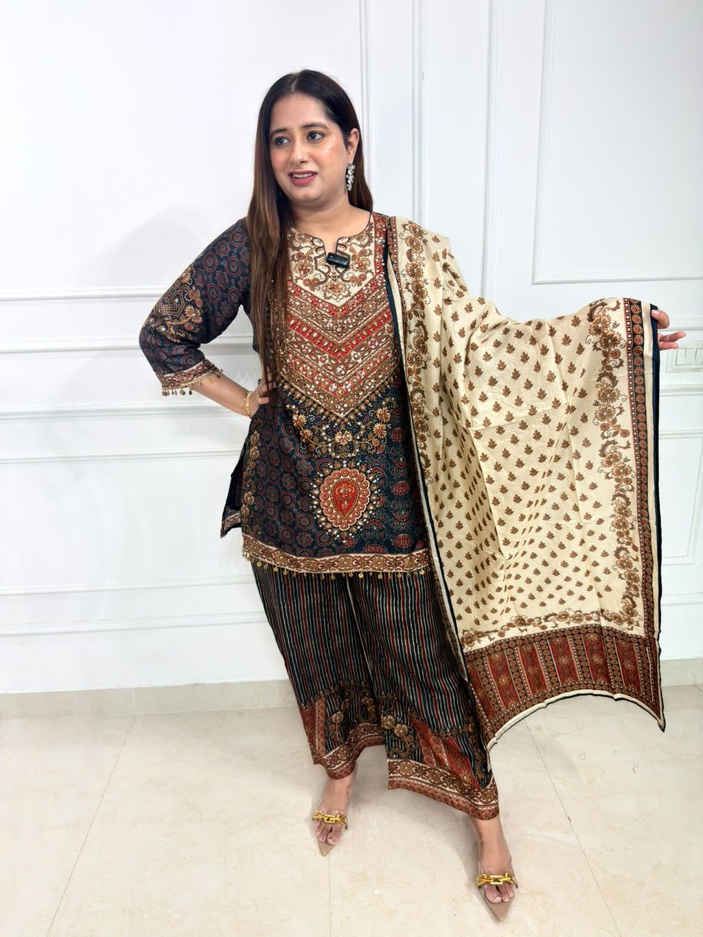 Rivaara | Navy Printed Suit Set with Embroidered Yoke & Beige Printed Dupatta