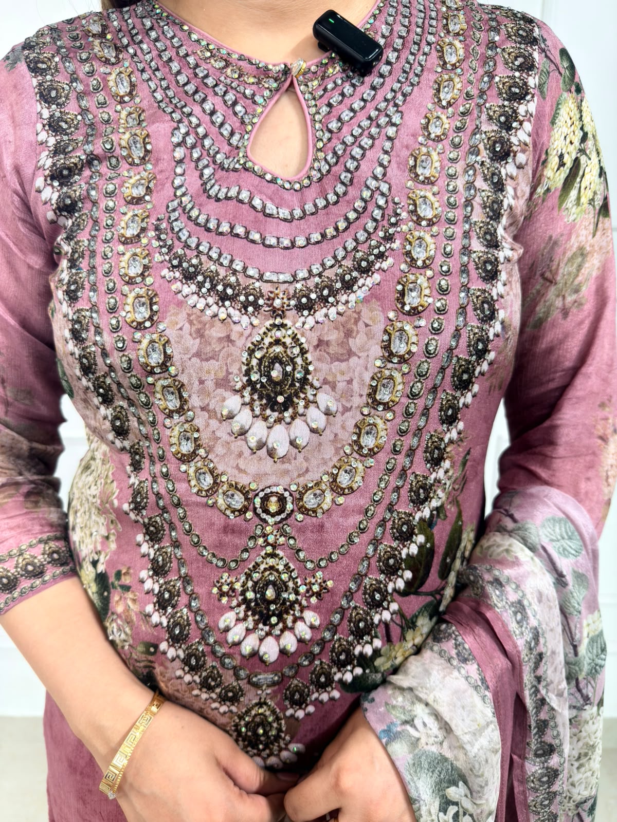 Vayuna | Dusty Rose Printed Suit Set with Embellished Neckline & Floral Dupatta