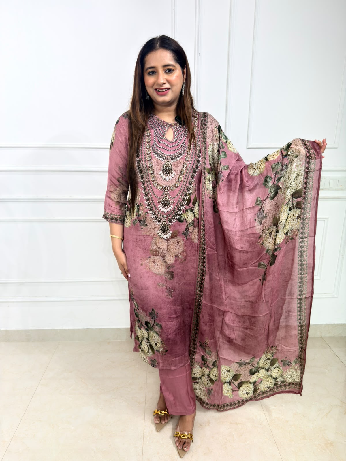 Vayuna | Dusty Rose Printed Suit Set with Embellished Neckline & Floral Dupatta