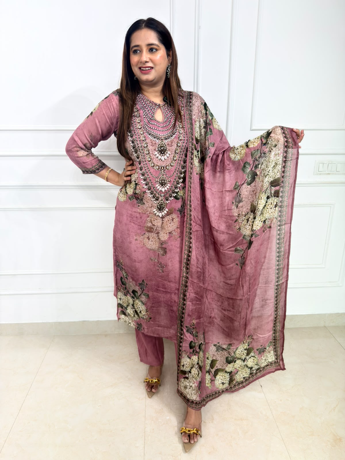 Vayuna | Dusty Rose Printed Suit Set with Embellished Neckline & Floral Dupatta