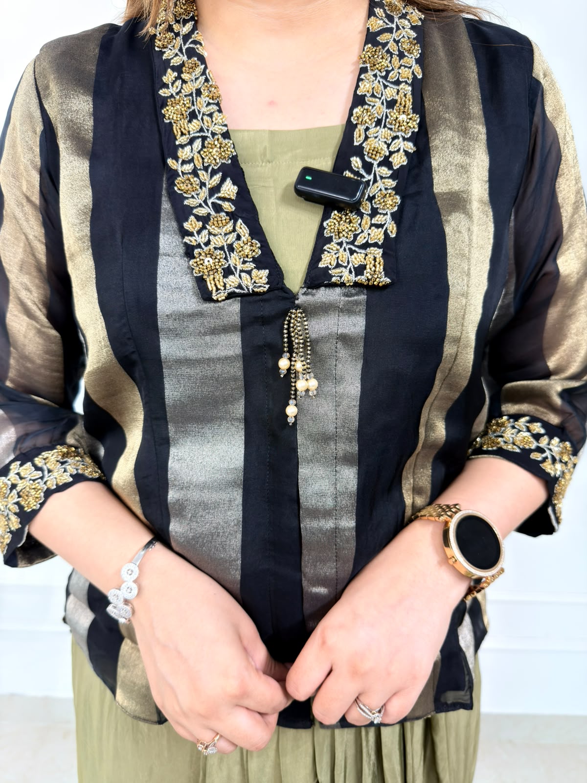 Elora | Olive Green & Black Striped Kurta Set with Gold Embroidered Detailing