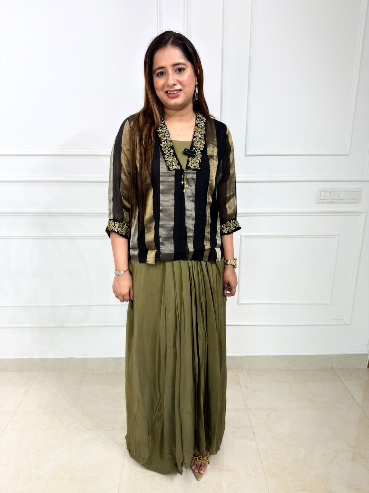 Elora | Olive Green & Black Striped Kurta Set with Gold Embroidered Detailing