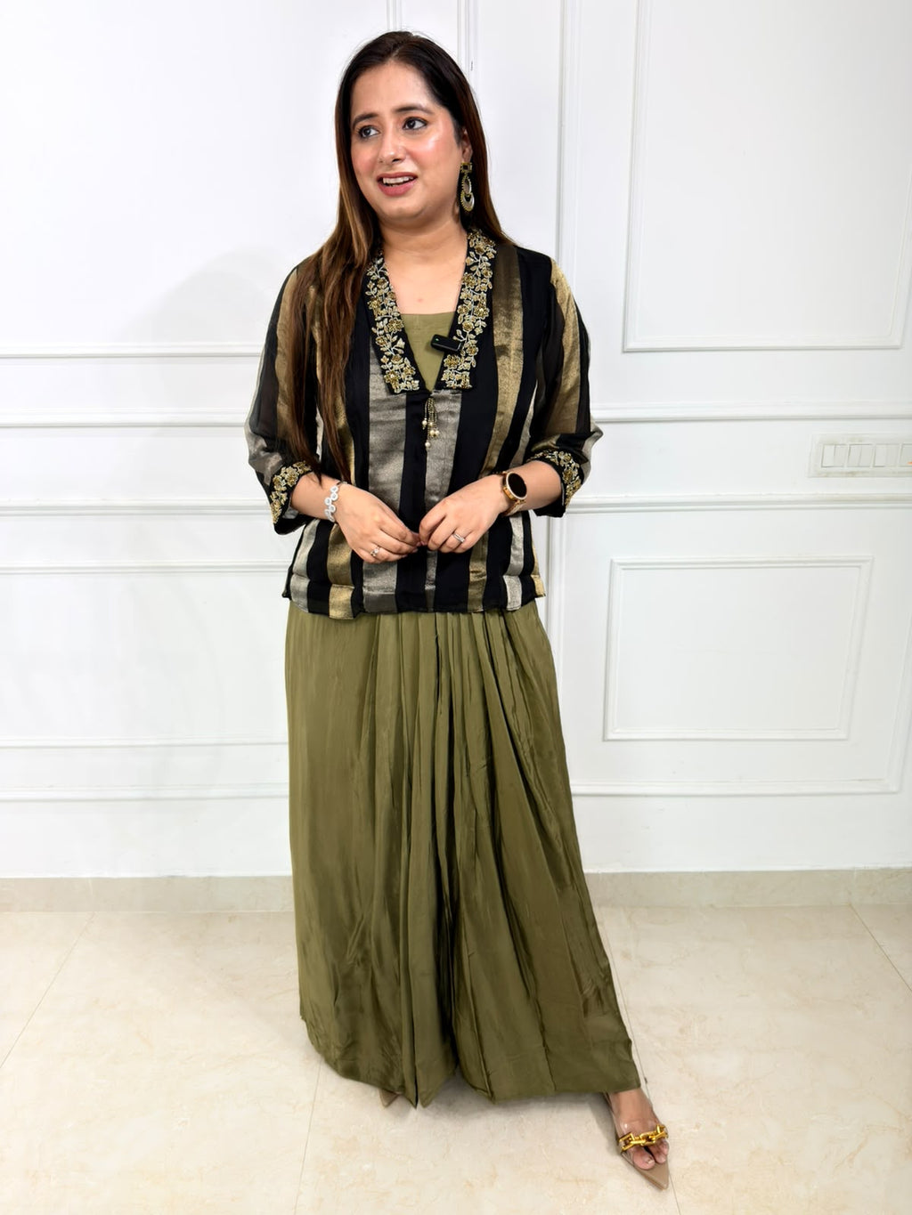 Elora | Olive Green & Black Striped Kurta Set with Gold Embroidered Detailing