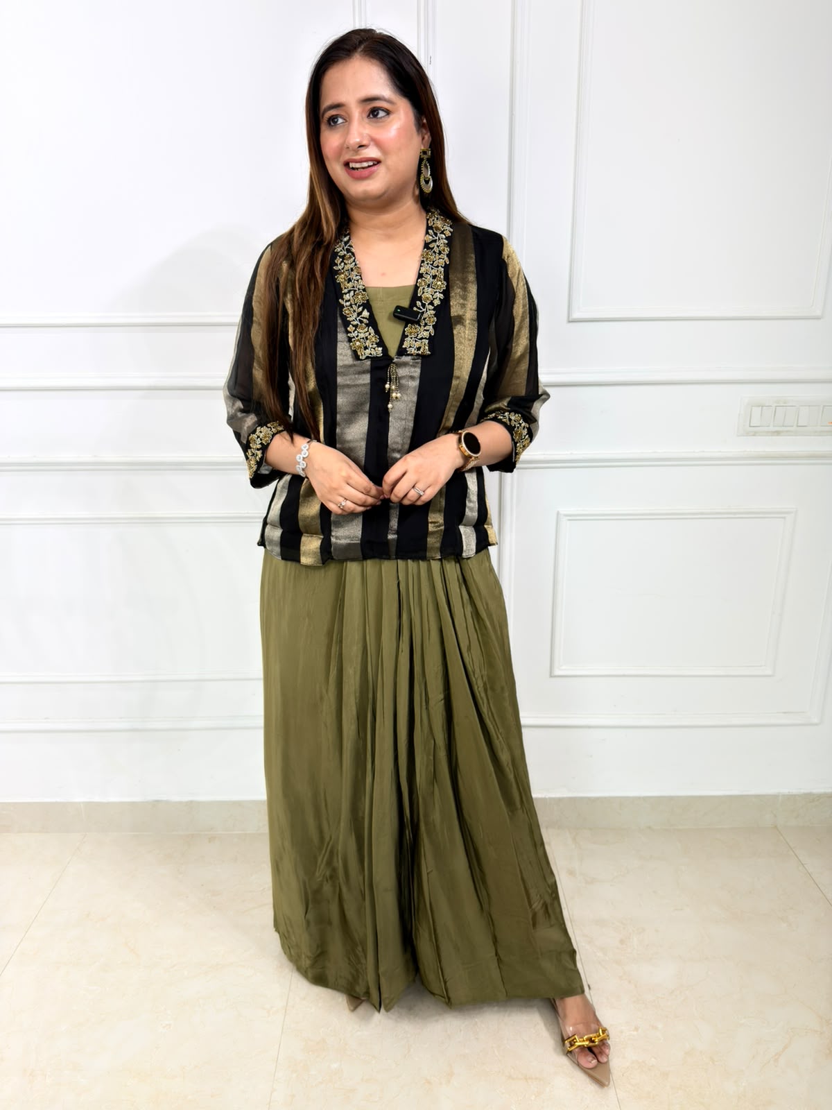 Elora | Olive Green & Black Striped Kurta Set with Gold Embroidered Detailing