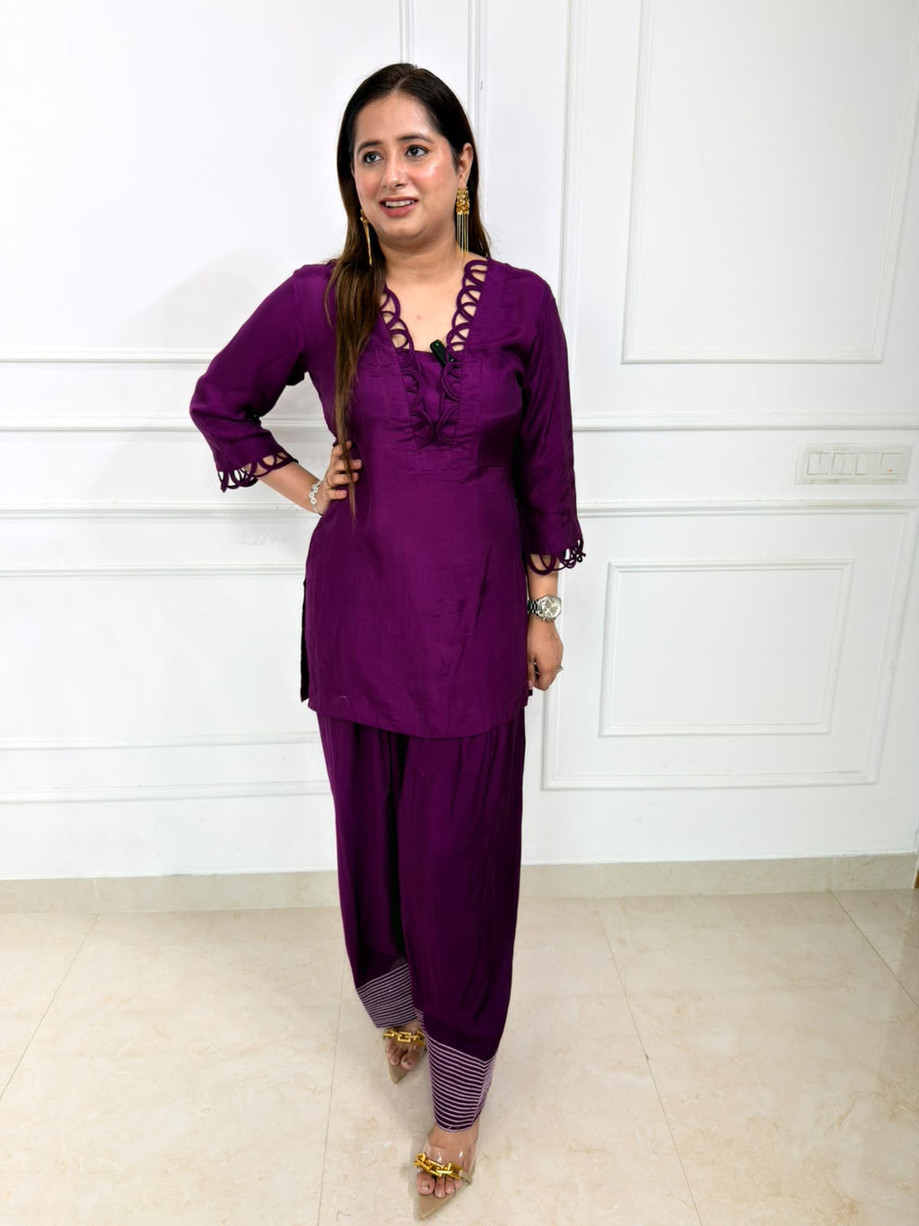 Virelle | Royal Purple Embroidered Kurta Set with Lace Detailing & Straight Pants