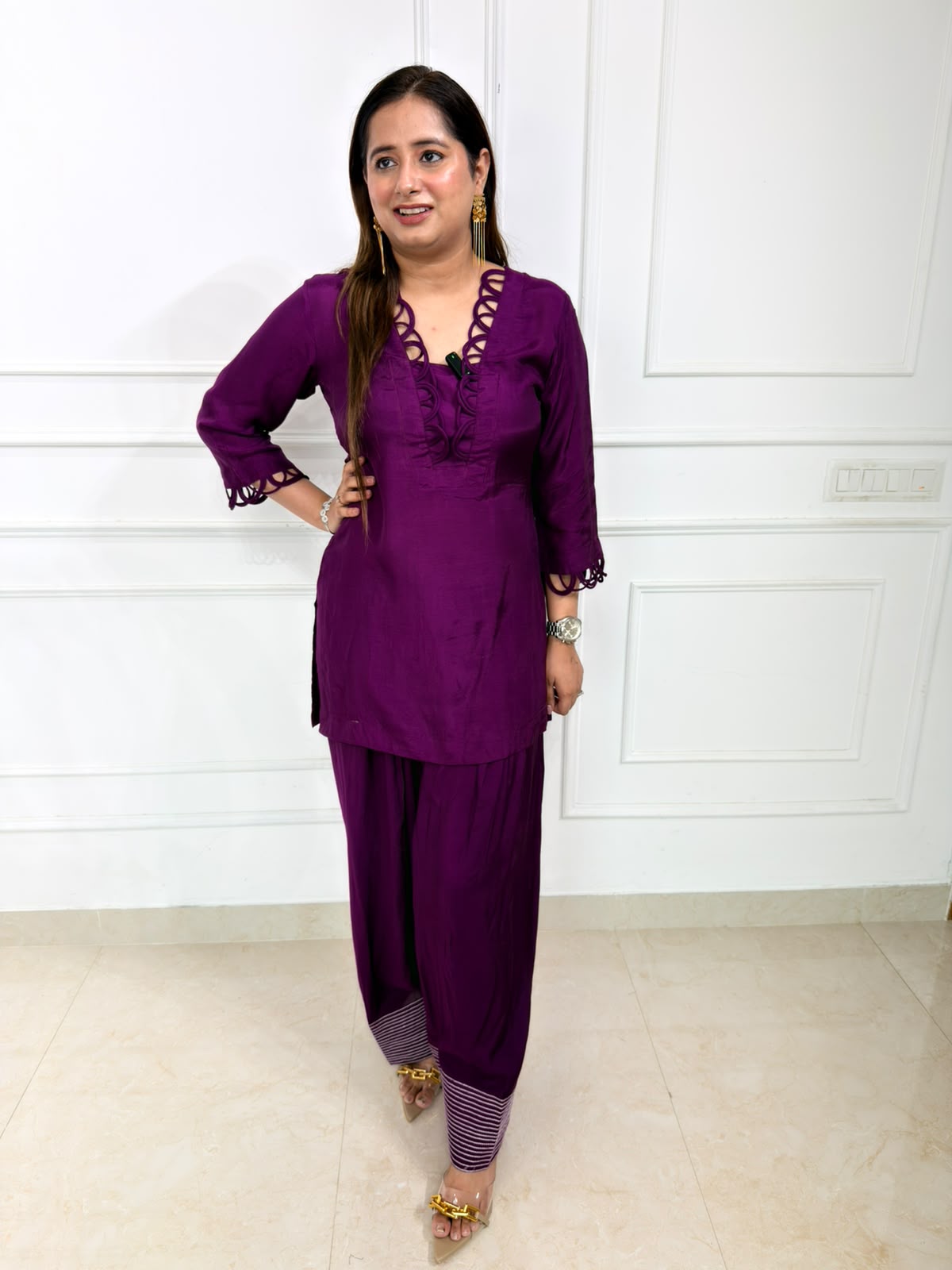 Virelle | Royal Purple Embroidered Kurta Set with Lace Detailing & Straight Pants
