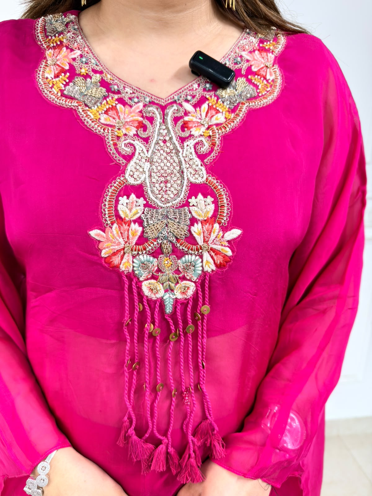 Avelina | Fuchsia Pink Embroidered Suit Set with Sheer Dupatta & Palazzo