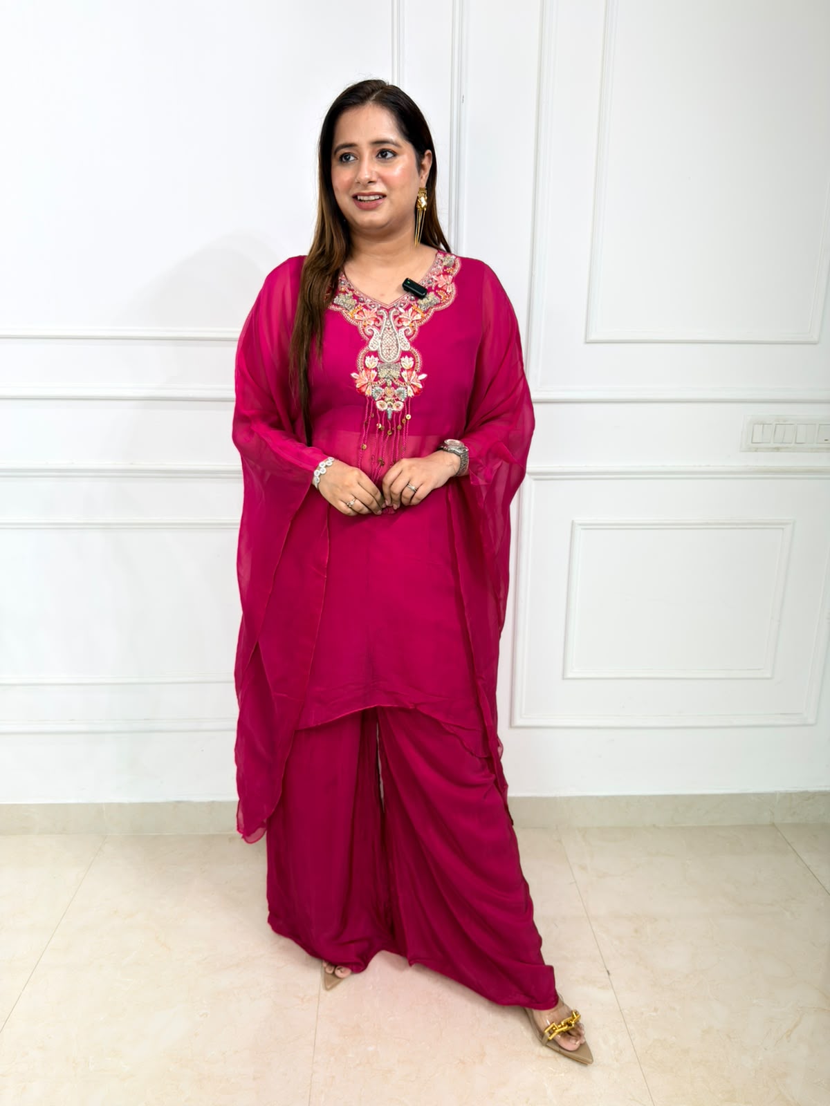 Avelina | Fuchsia Pink Embroidered Suit Set with Sheer Dupatta & Palazzo
