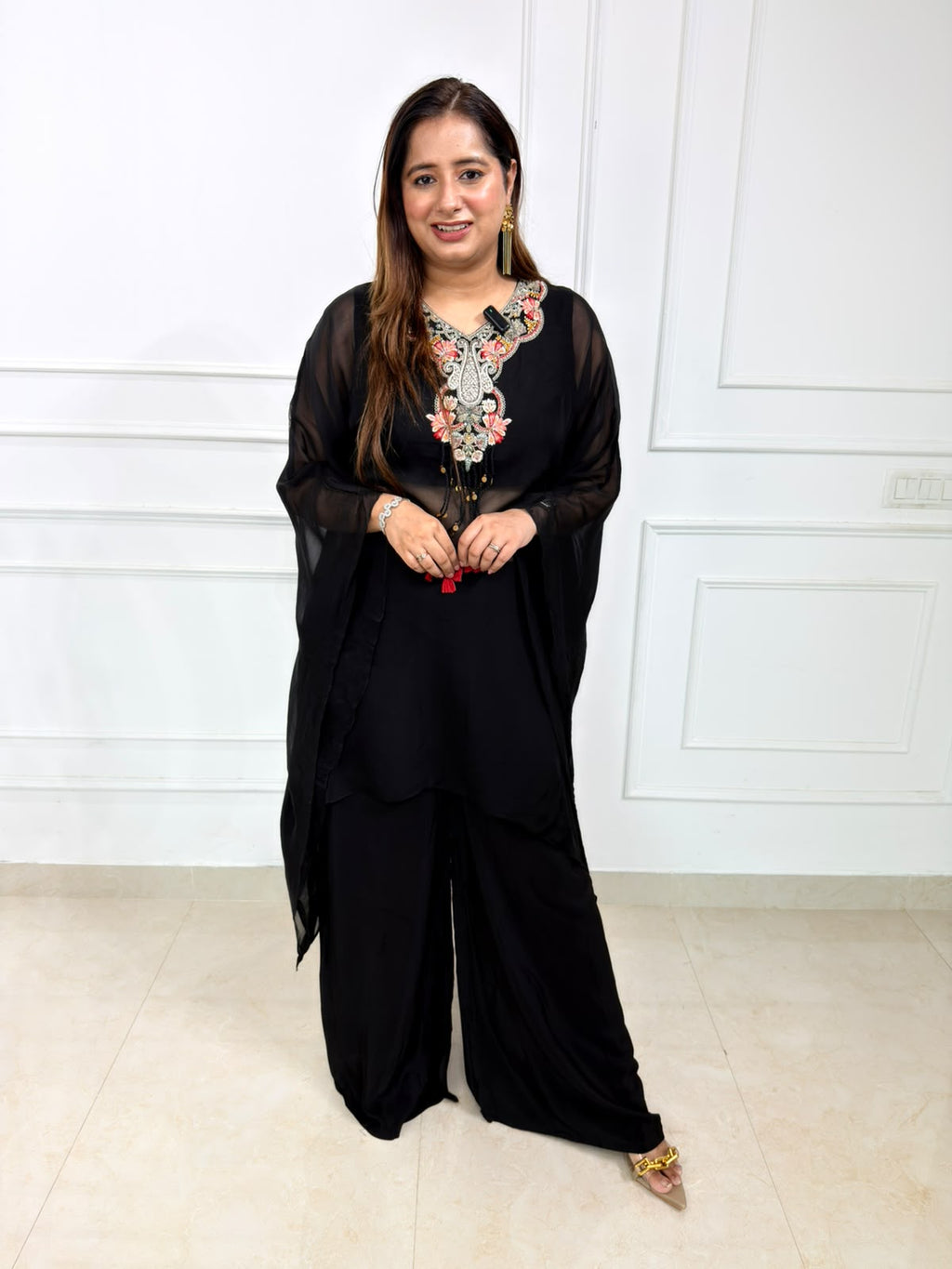 Nyra | Black Embroidered Suit Set with Sheer Cape Dupatta & Tassel Detailing