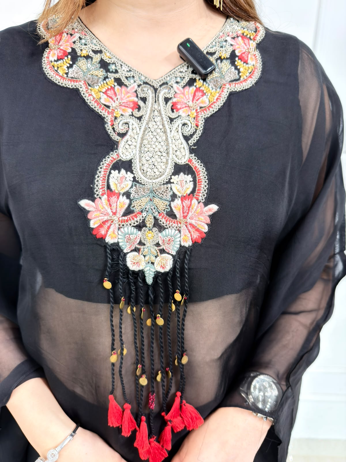 Nyra | Black Embroidered Suit Set with Sheer Cape Dupatta & Tassel Detailing