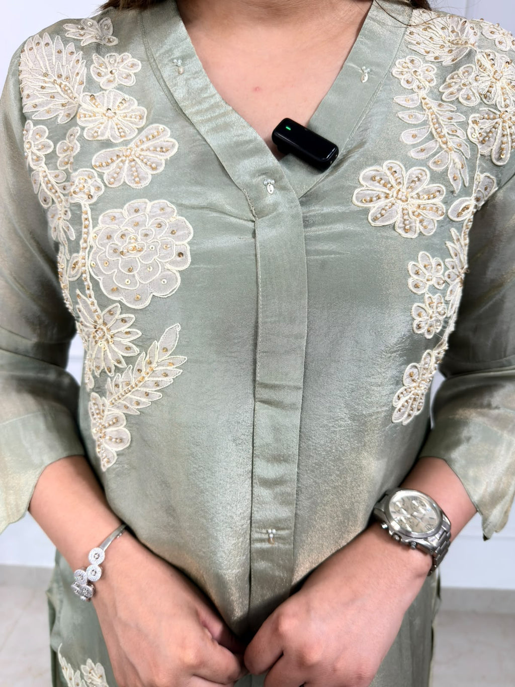 Seraya | Sage Green Embroidered Kurta Set with Floral Detailing & Palazzo