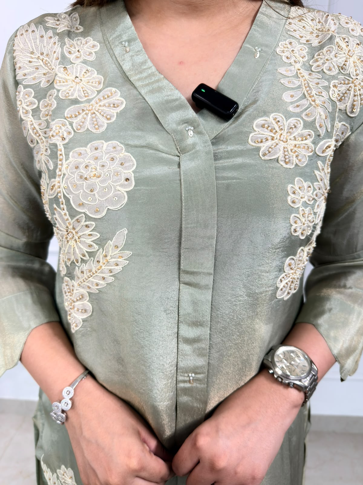 Seraya | Sage Green Embroidered Kurta Set with Floral Detailing & Palazzo