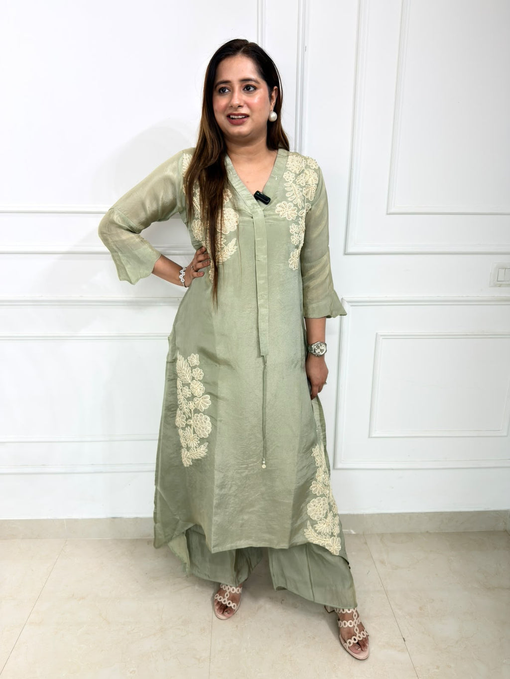 Seraya | Sage Green Embroidered Kurta Set with Floral Detailing & Palazzo
