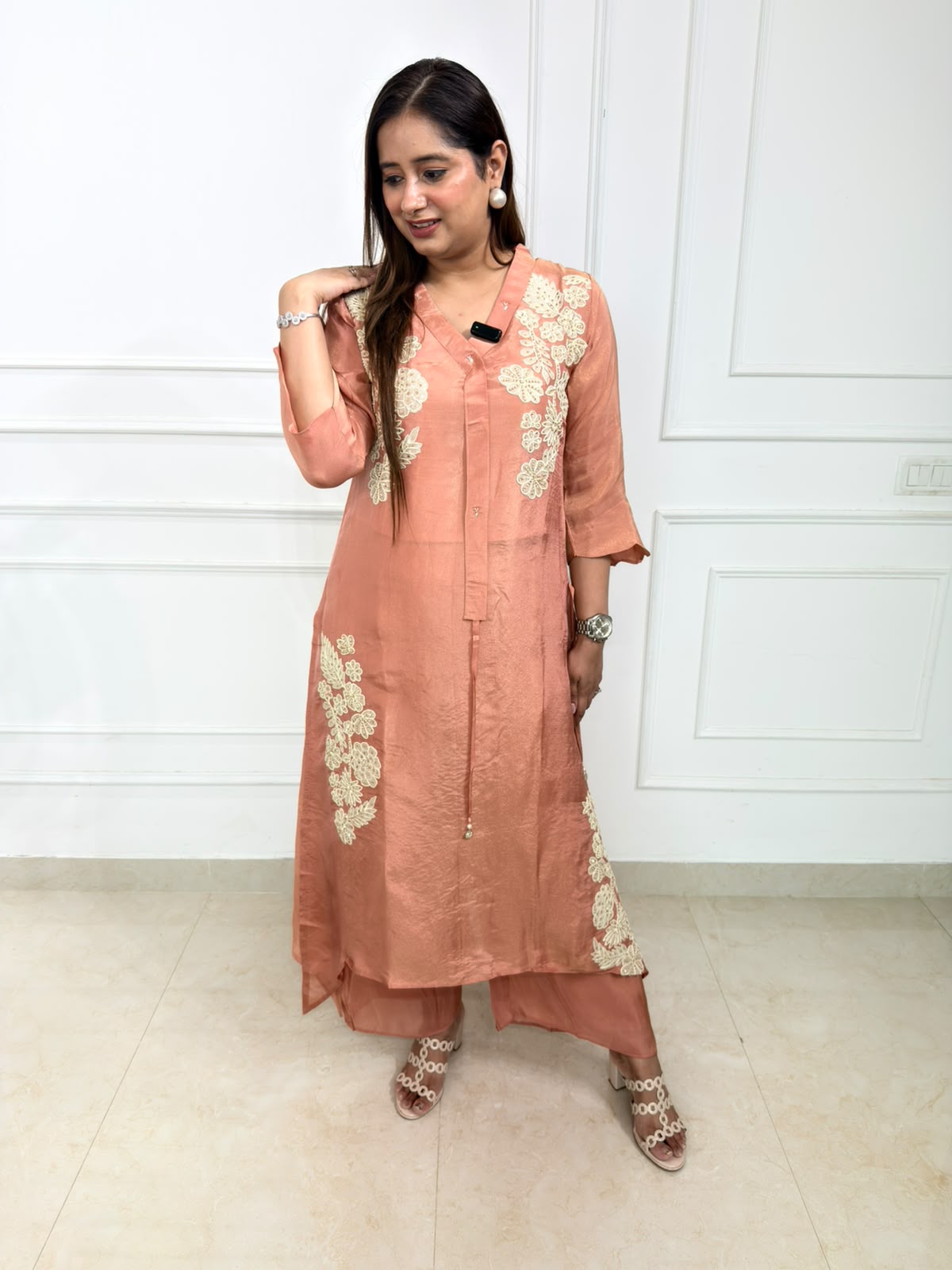 Seraya | Peach Embroidered Kurta Set with Floral Detailing & Palazzo
