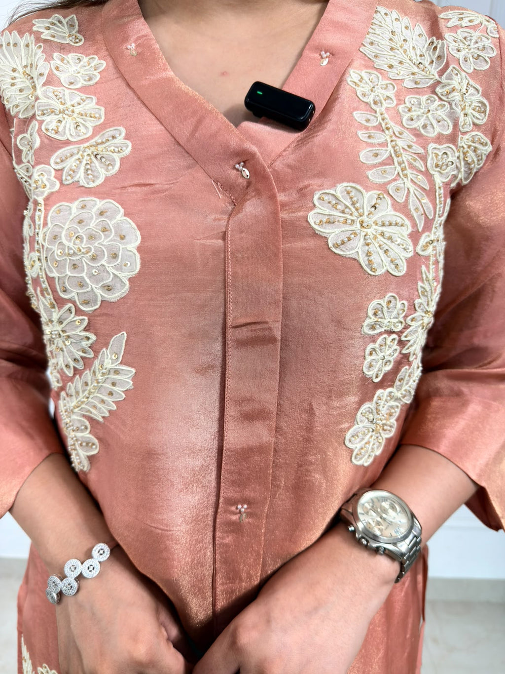 Seraya | Peach Embroidered Kurta Set with Floral Detailing & Palazzo