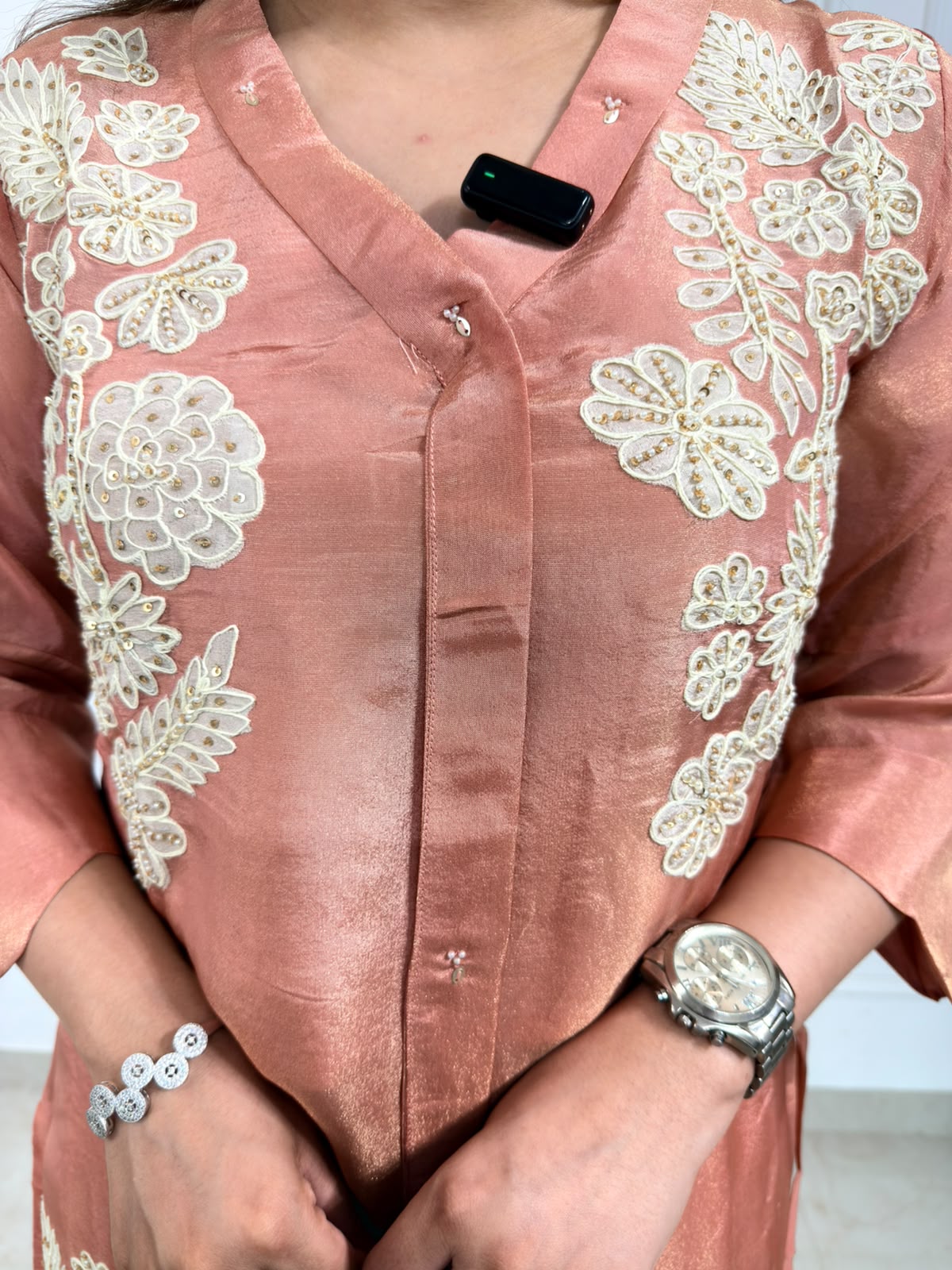Seraya | Peach Embroidered Kurta Set with Floral Detailing & Palazzo